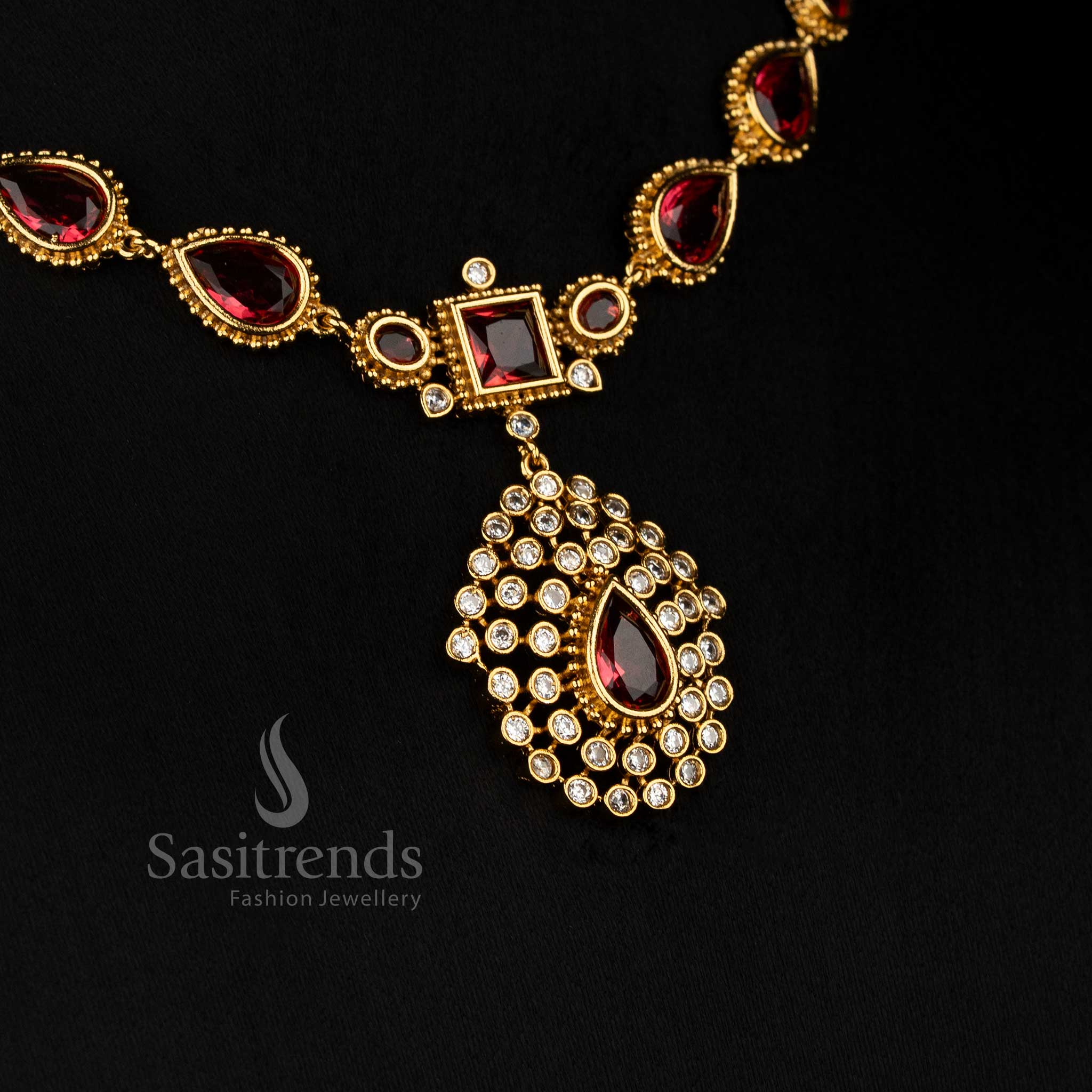 Attractive Matte Gold Plated American Diamond Teardrop Stone Square Motif Short & Long Necklace Jewellery Set for Festive Occasion Wear - Image 9