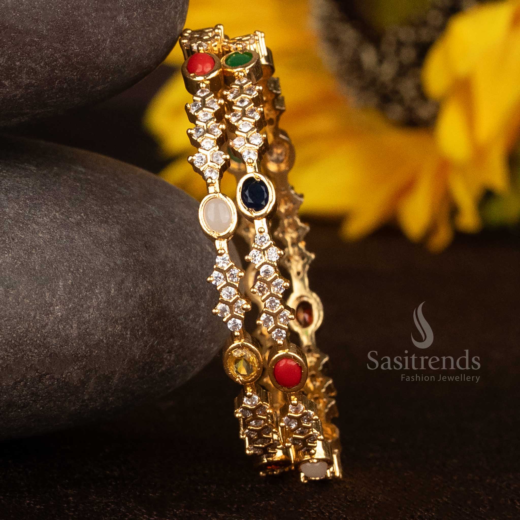 Gorgeous Micro Gold Plated Navaratna Bangles with American Diamond Stone Floral Pattern For Festive Wear - Sasitrends