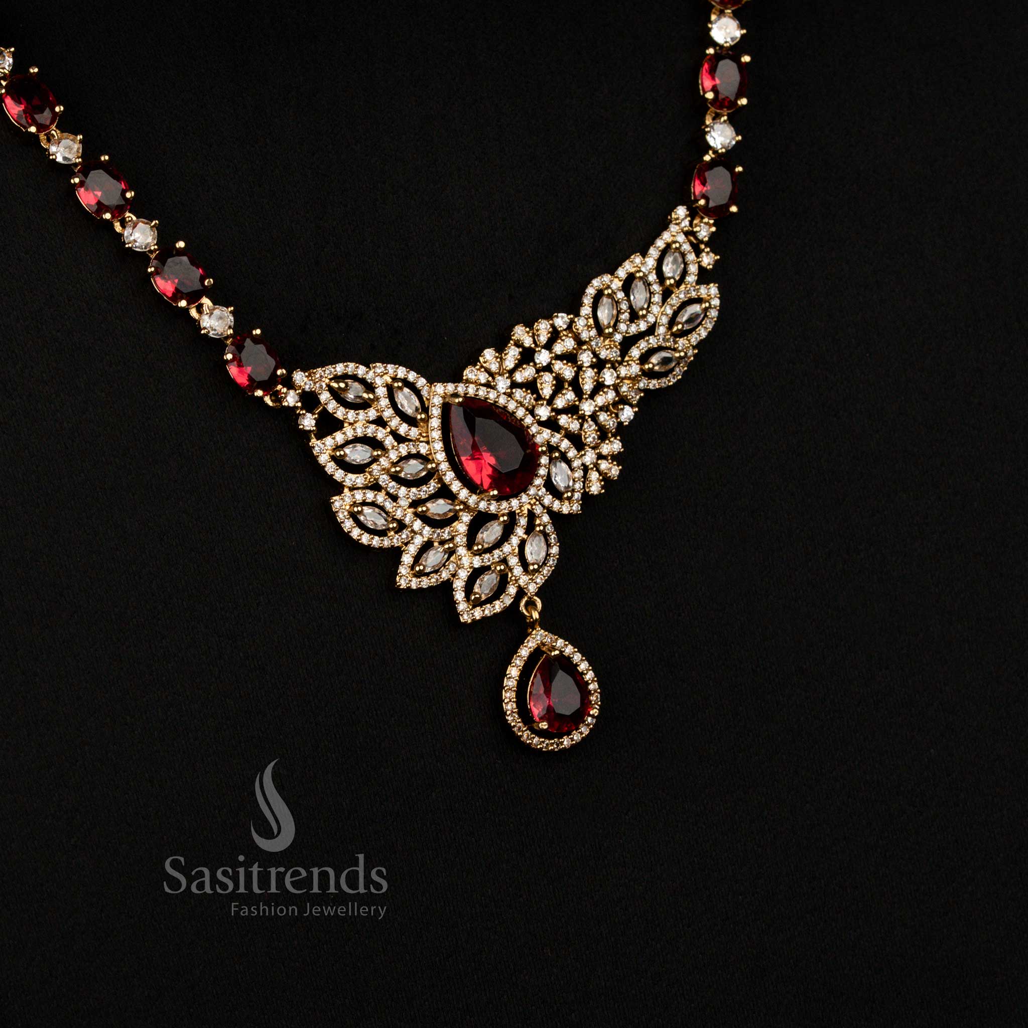 Gorgeous American Diamond Victorian Leaf Cluster Long Necklace Jewellery Set with Teardrop Pendant - Image 2