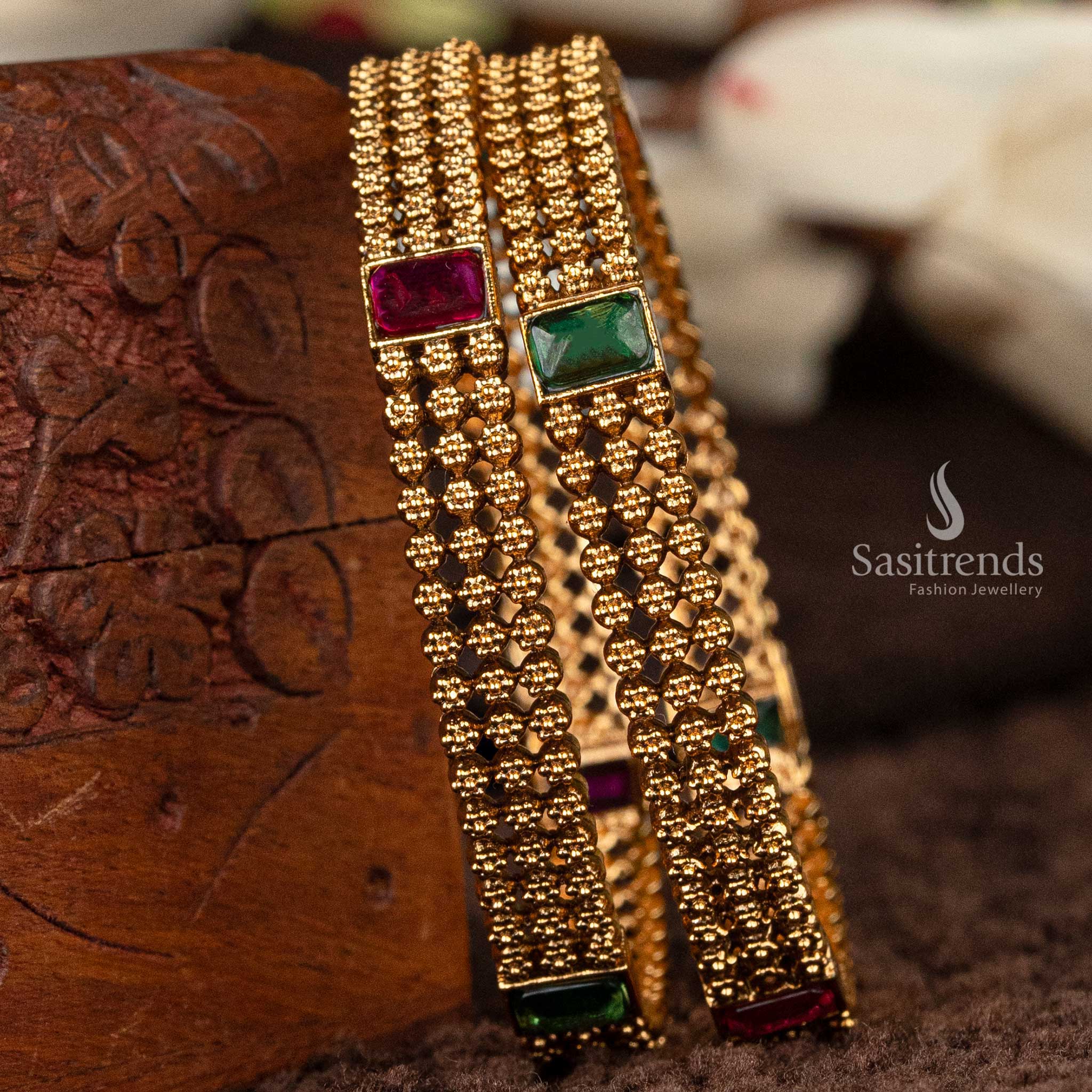 Elegant Premium Temple Matte Gold Bridal Wedding Bangles with Rectangular Stones in Ruby and Ruby Green - Sasitrends - Image 3