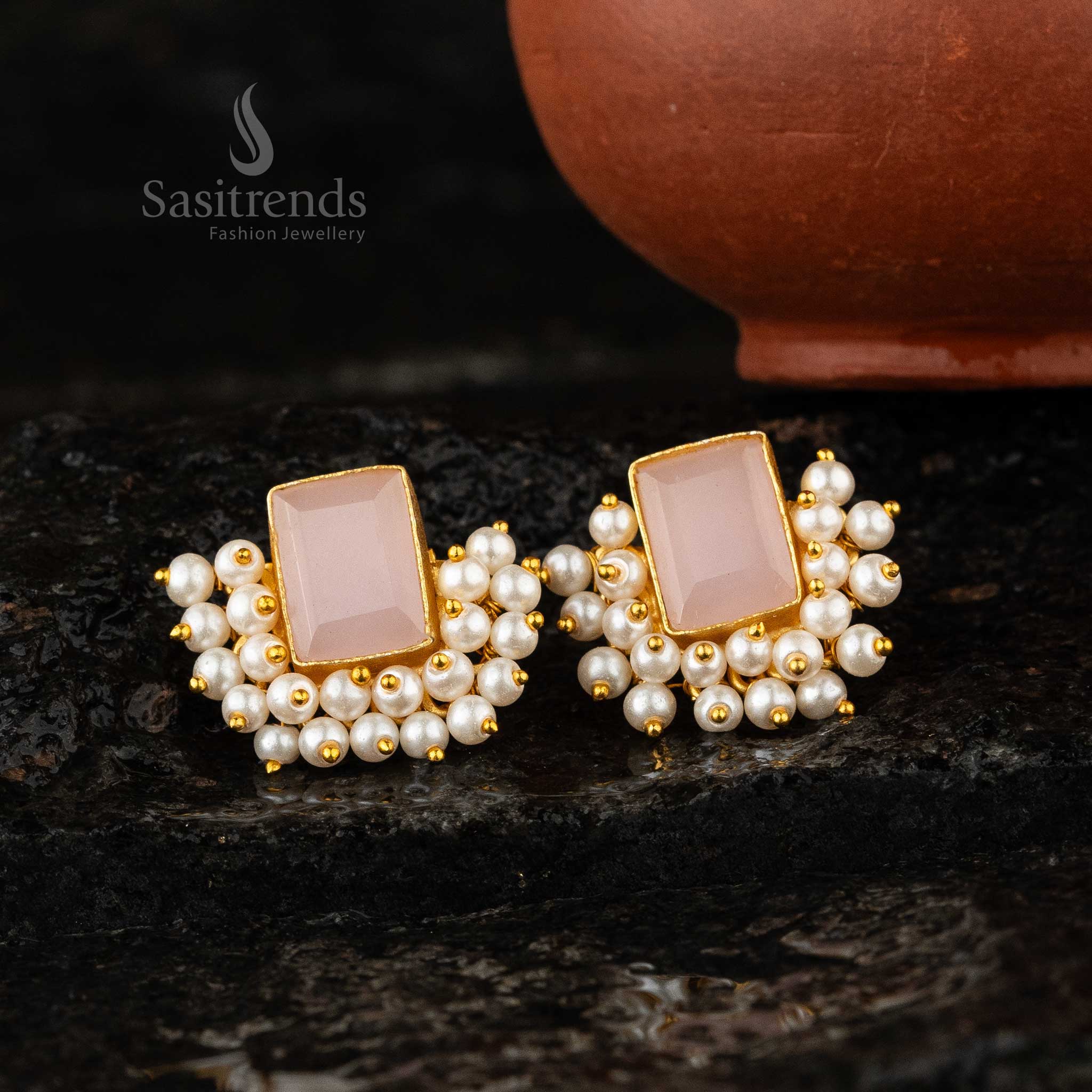 Sasitrends - Gorgeous Rectangular Stone Gold-Plated Earrings with Pearl Embellishments - Image 2