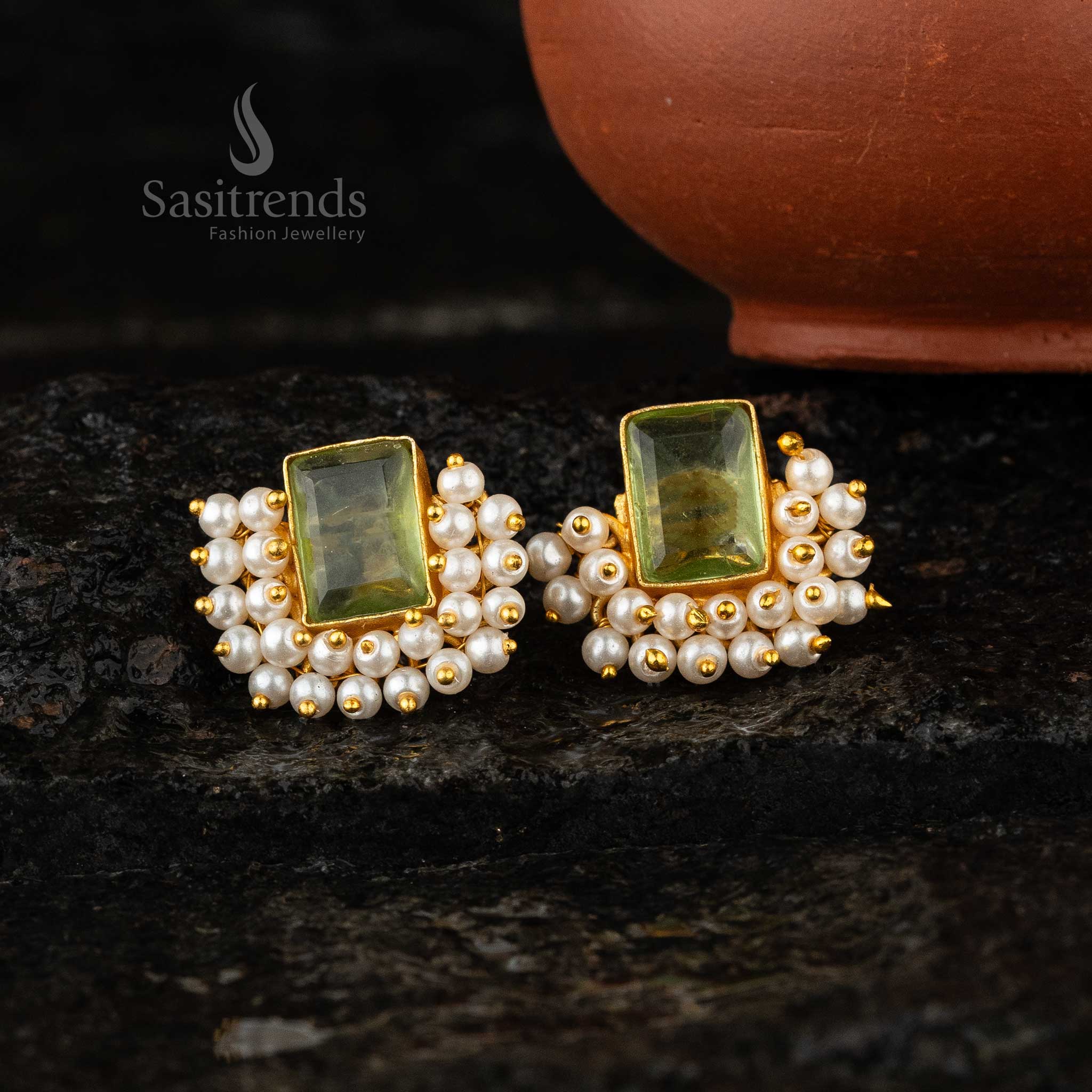 Sasitrends - Gorgeous Rectangular Stone Gold-Plated Earrings with Pearl Embellishments - Image 3