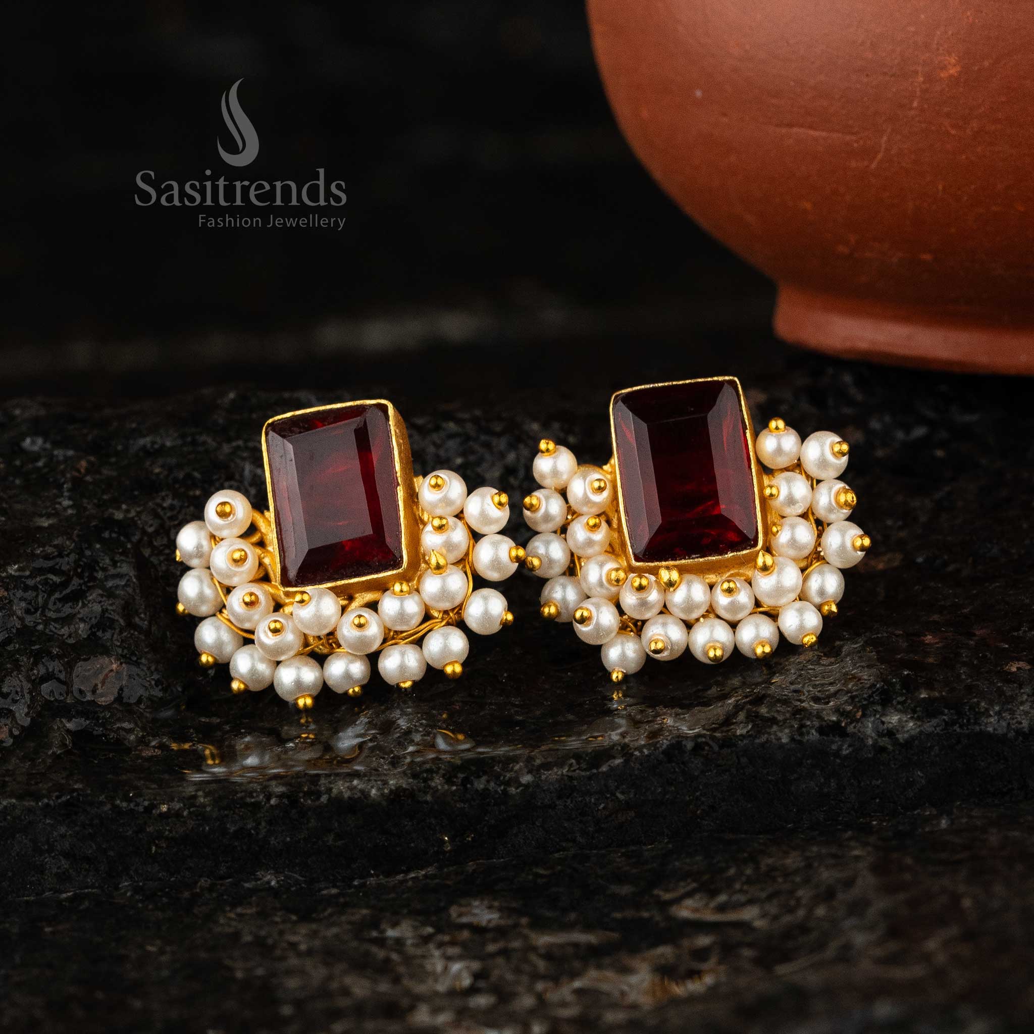 Sasitrends - Gorgeous Rectangular Stone Gold-Plated Earrings with Pearl Embellishments - Image 4