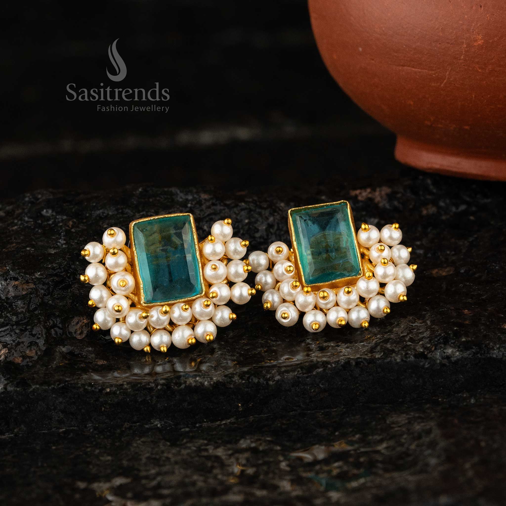 Sasitrends - Gorgeous Rectangular Stone Gold-Plated Earrings with Pearl Embellishments - Image 5