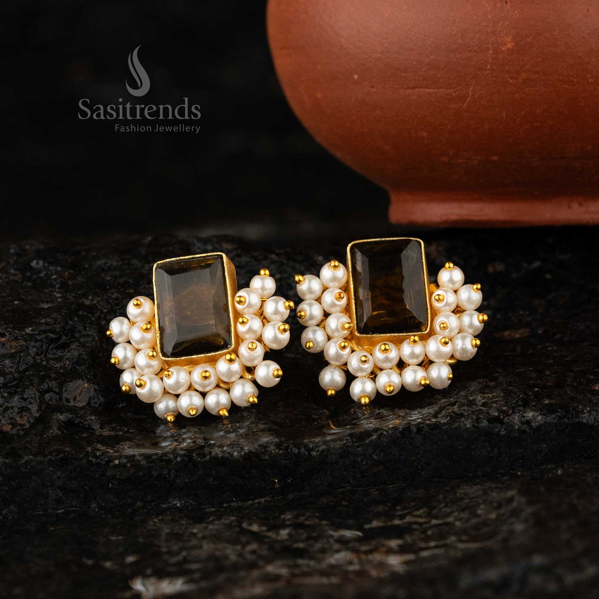 Sasitrends - Gorgeous Rectangular Stone Gold-Plated Earrings with Pearl Embellishments - Image 6