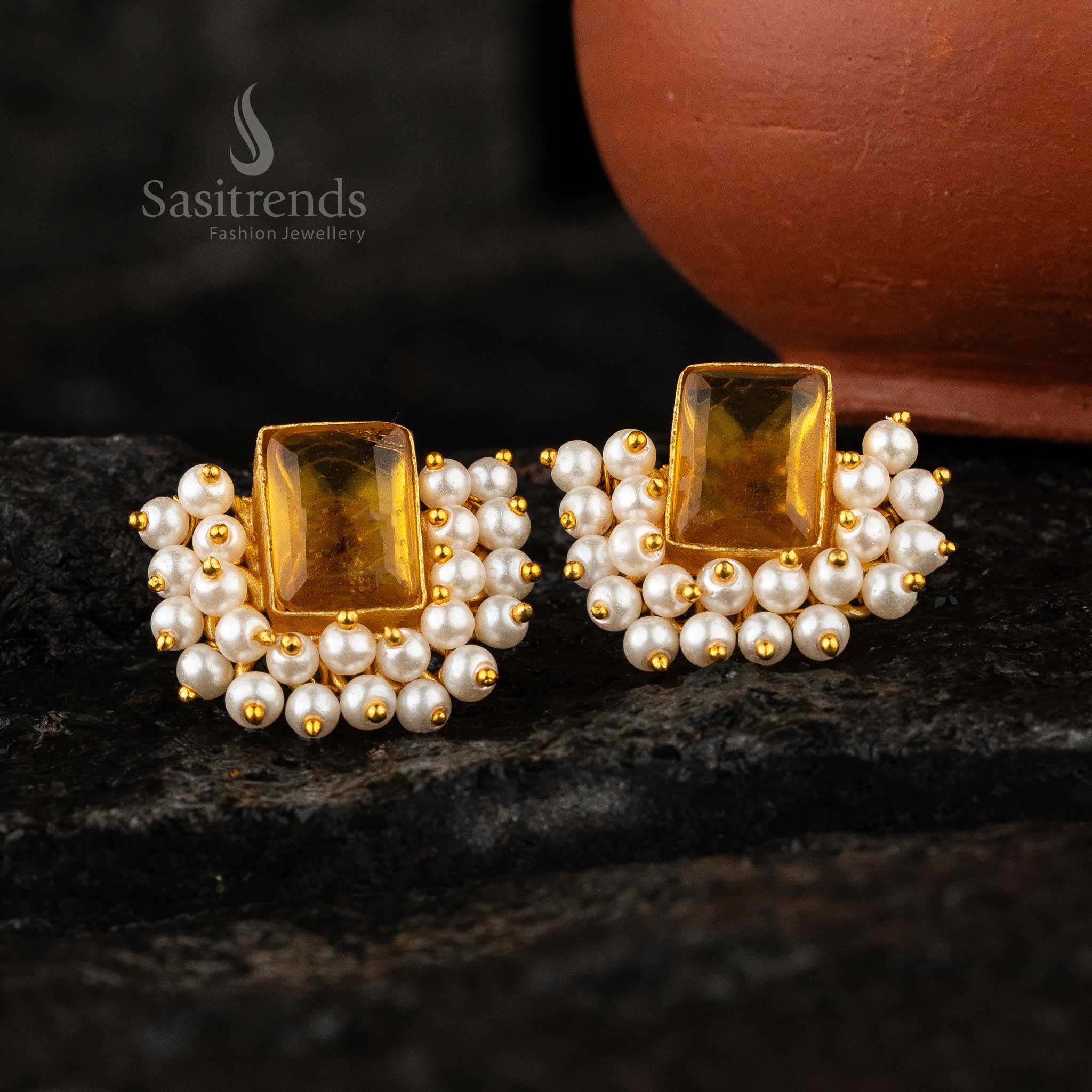 Sasitrends - Gorgeous Rectangular Stone Gold-Plated Earrings with Pearl Embellishments - Image 7