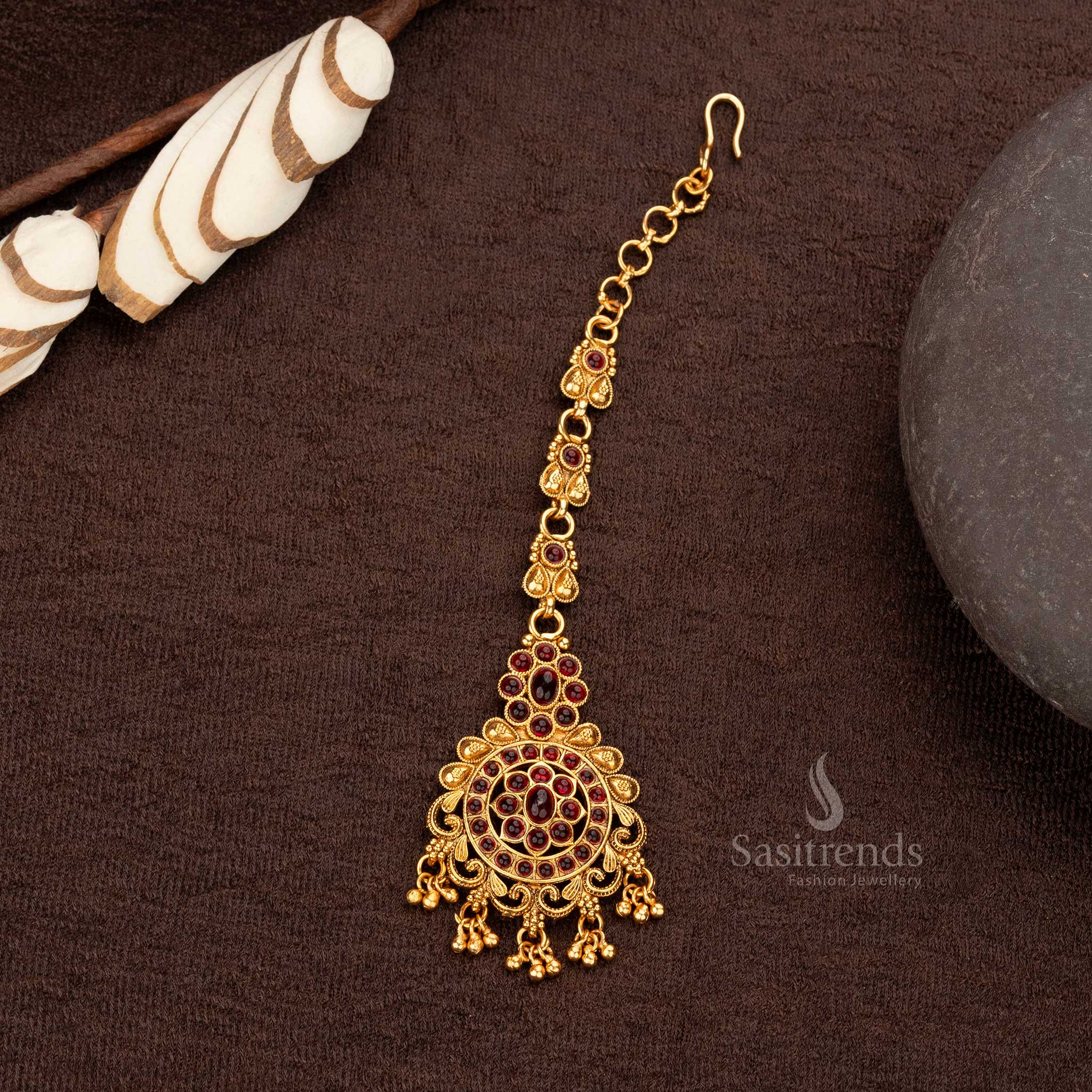 Classic Matte Gold Plated Temple Maang Tikka with Circular Pendant and Golden Ball Hangings - Sasitrends - Image 4