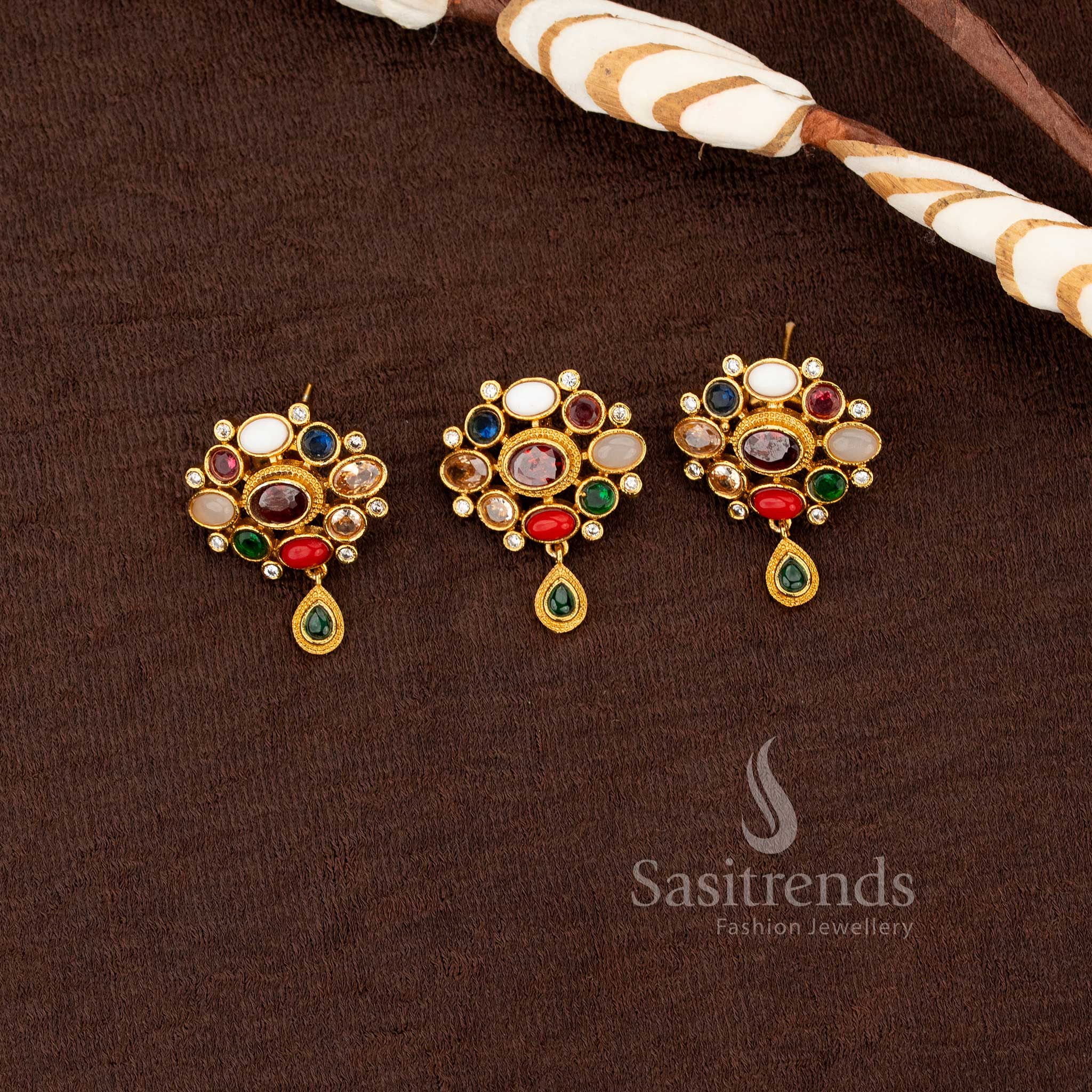 Beautiful Temple Matte Gold Plated Navarathna-Inspired Multi-Color Stone Pendants Set - Sasitrends