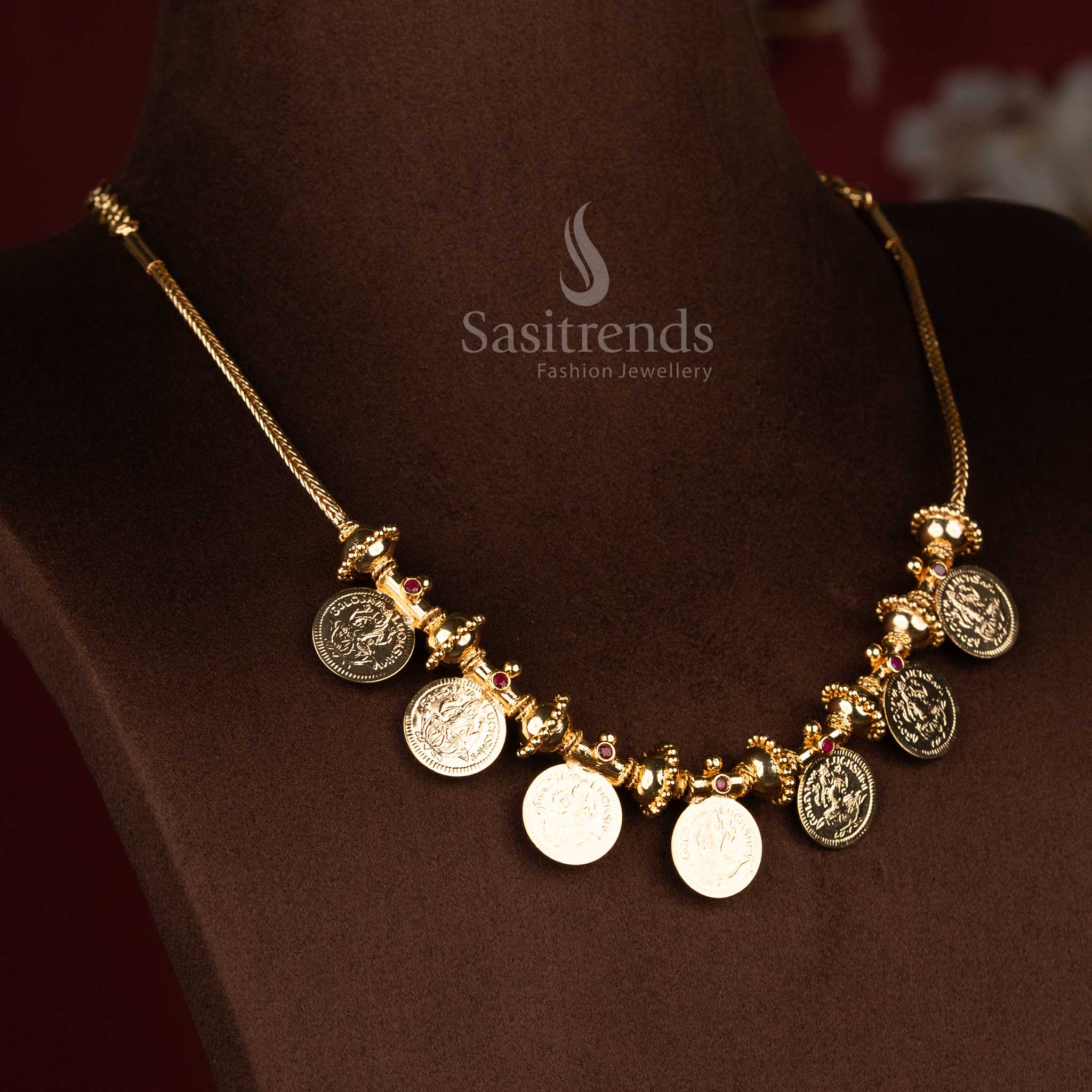 Auspicious Guaranteed Micro Gold Plated Traditional Lakshmi Coin Necklace with Ribbed Gold Bead Circular Loop - Kerala Jewellery ,One Gram