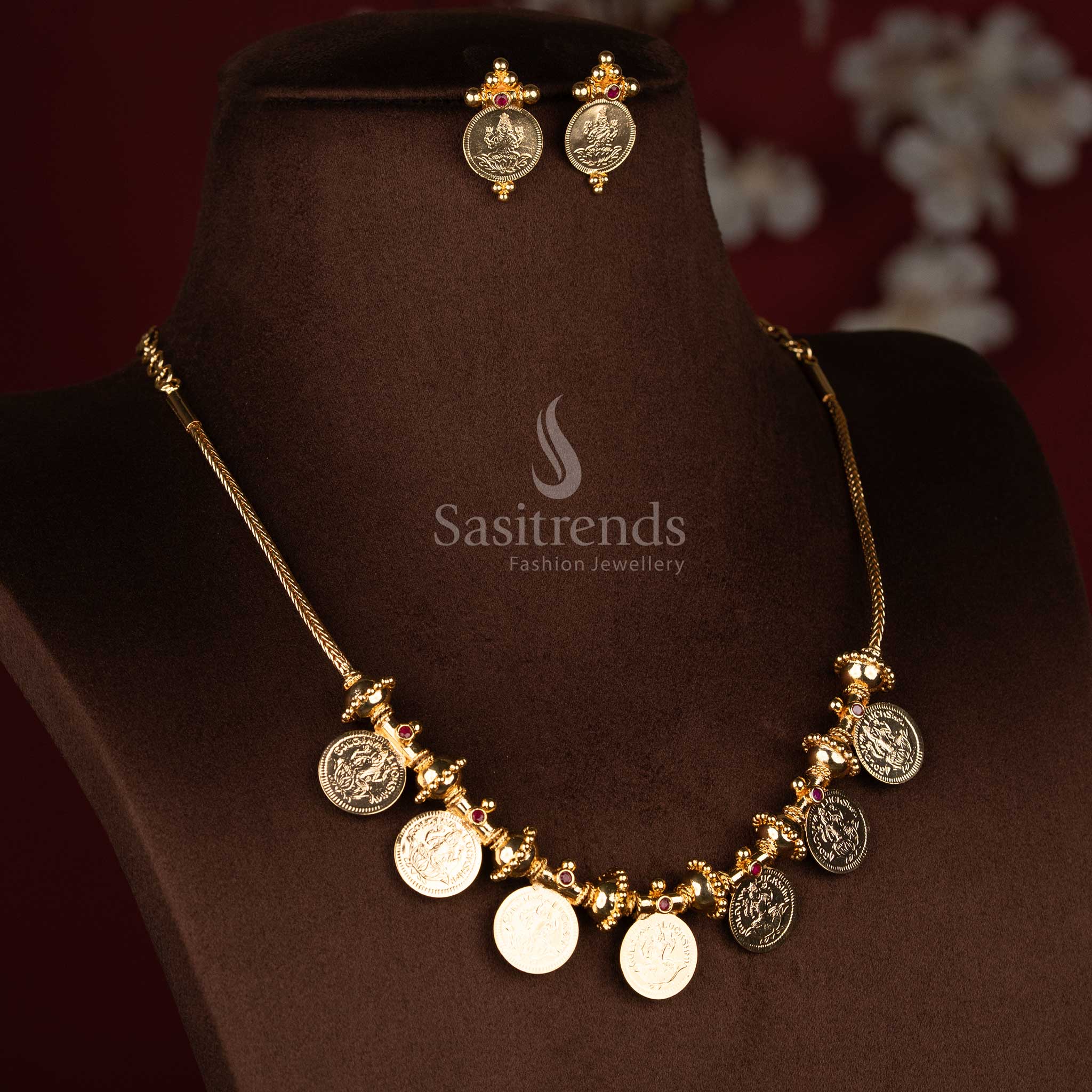 Auspicious Guaranteed Micro Gold Plated Traditional Lakshmi Coin Necklace with Ribbed Gold Bead Circular Loop - Kerala Jewellery ,One Gram - Image 3
