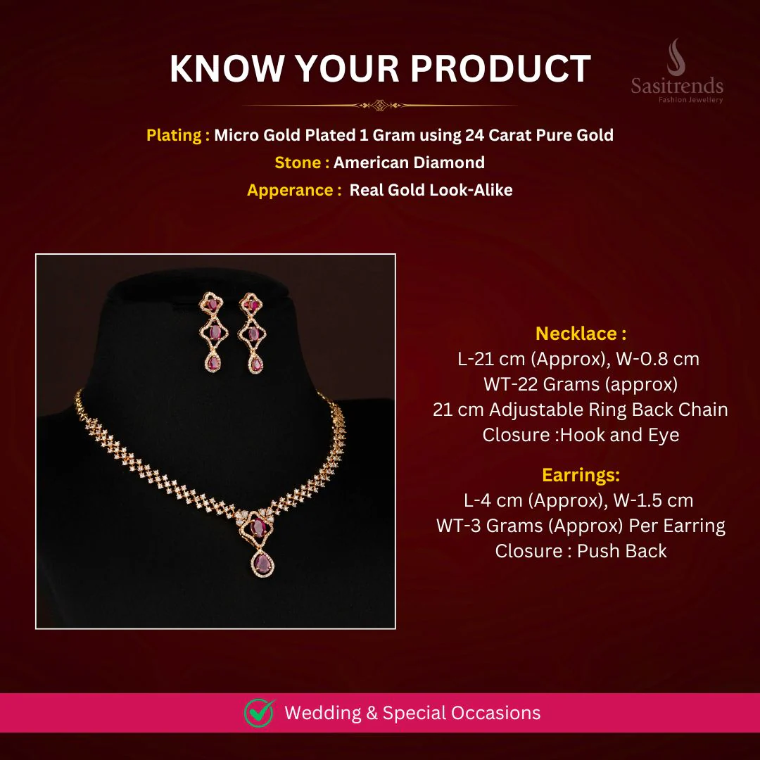 Stylish American Diamond Floral Linked Pendant Micro Gold Plated Necklace Jewellery Set - Image 3