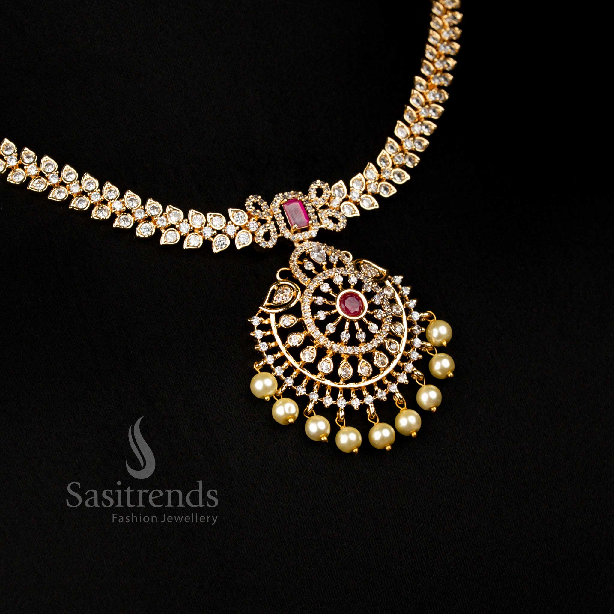 Stylish American Diamond Floral Linked Pendant Micro Gold Plated Necklace Jewellery Set - Image 5