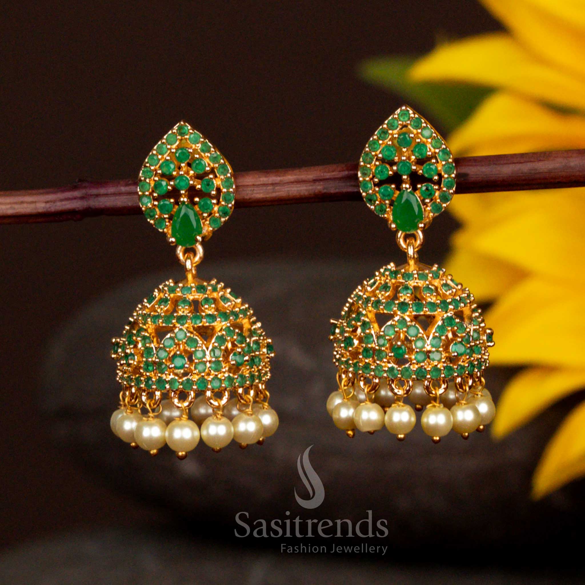 Amazing American Diamond Micro Gold Plated Jhumka Earrings - Geometric Cut-Out Design with Pearls - Sasitrends - Image 6