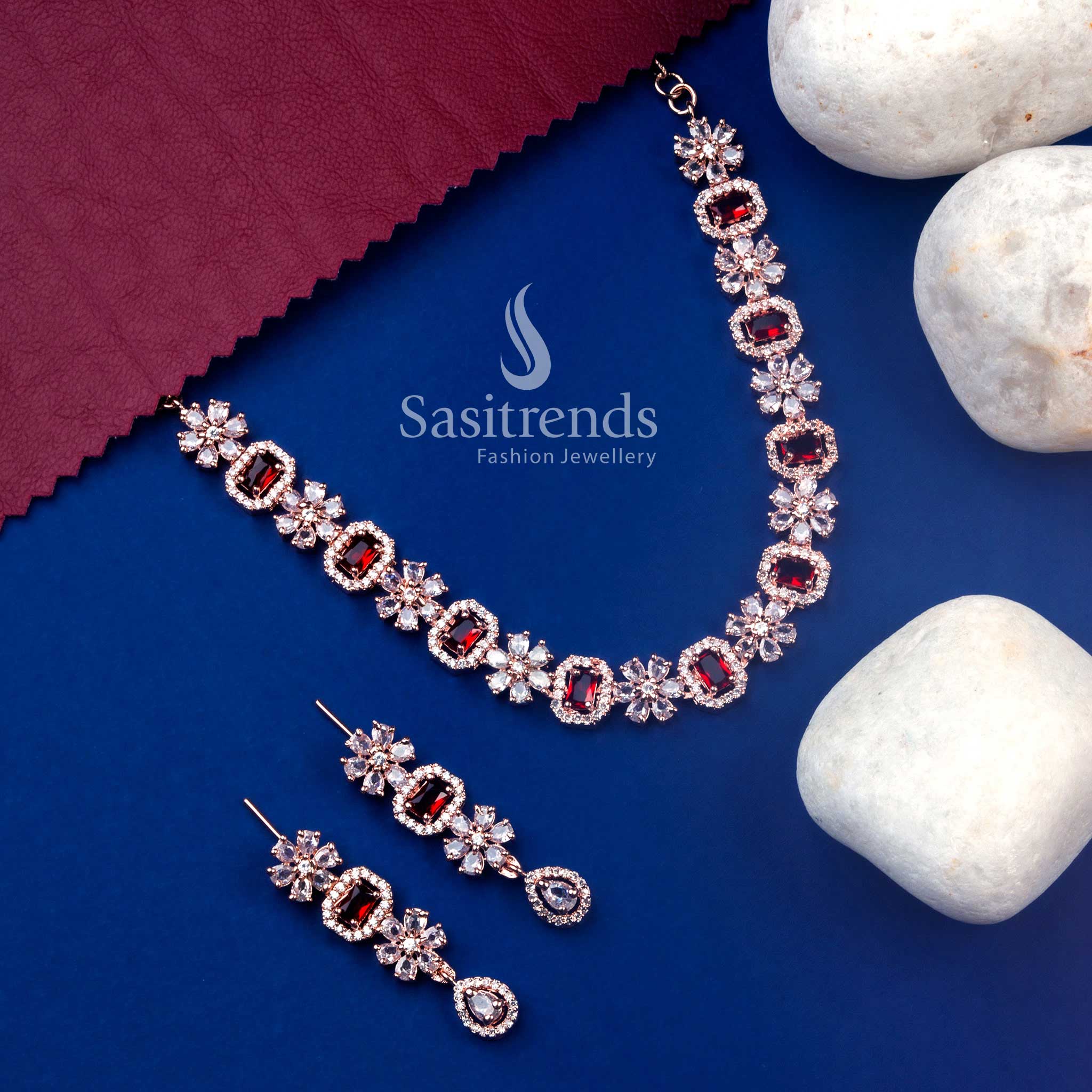 Wonderful American Diamond Rose Gold Plated Bloom Necklace Set for Parties, Events & Modern Styling - Image 4