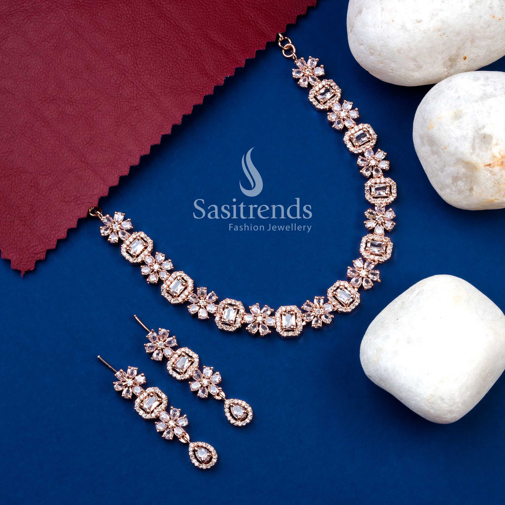 Wonderful American Diamond Rose Gold Plated Bloom Necklace Set for Parties, Events & Modern Styling - Image 5