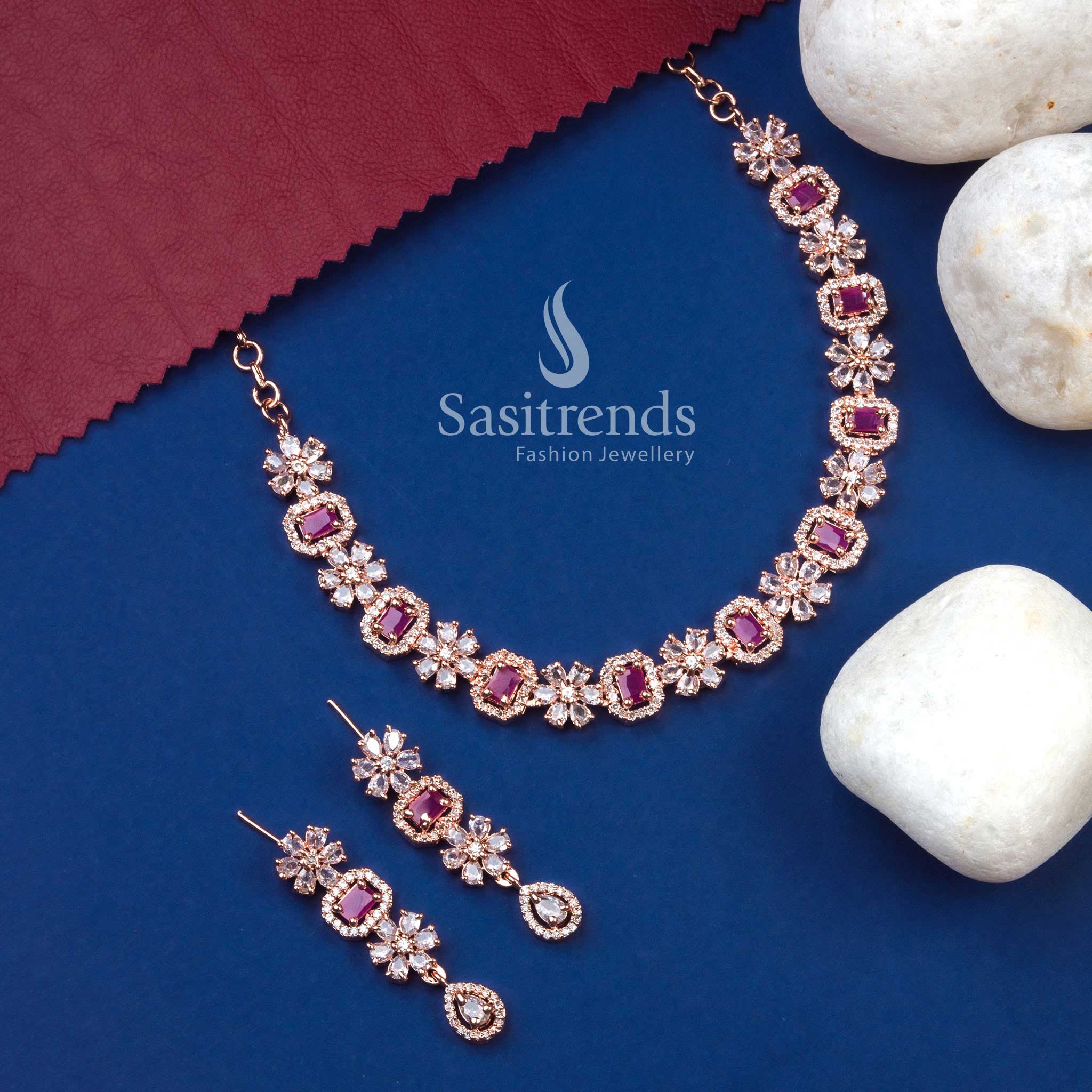 Wonderful American Diamond Rose Gold Plated Bloom Necklace Set for Parties, Events & Modern Styling - Image 8