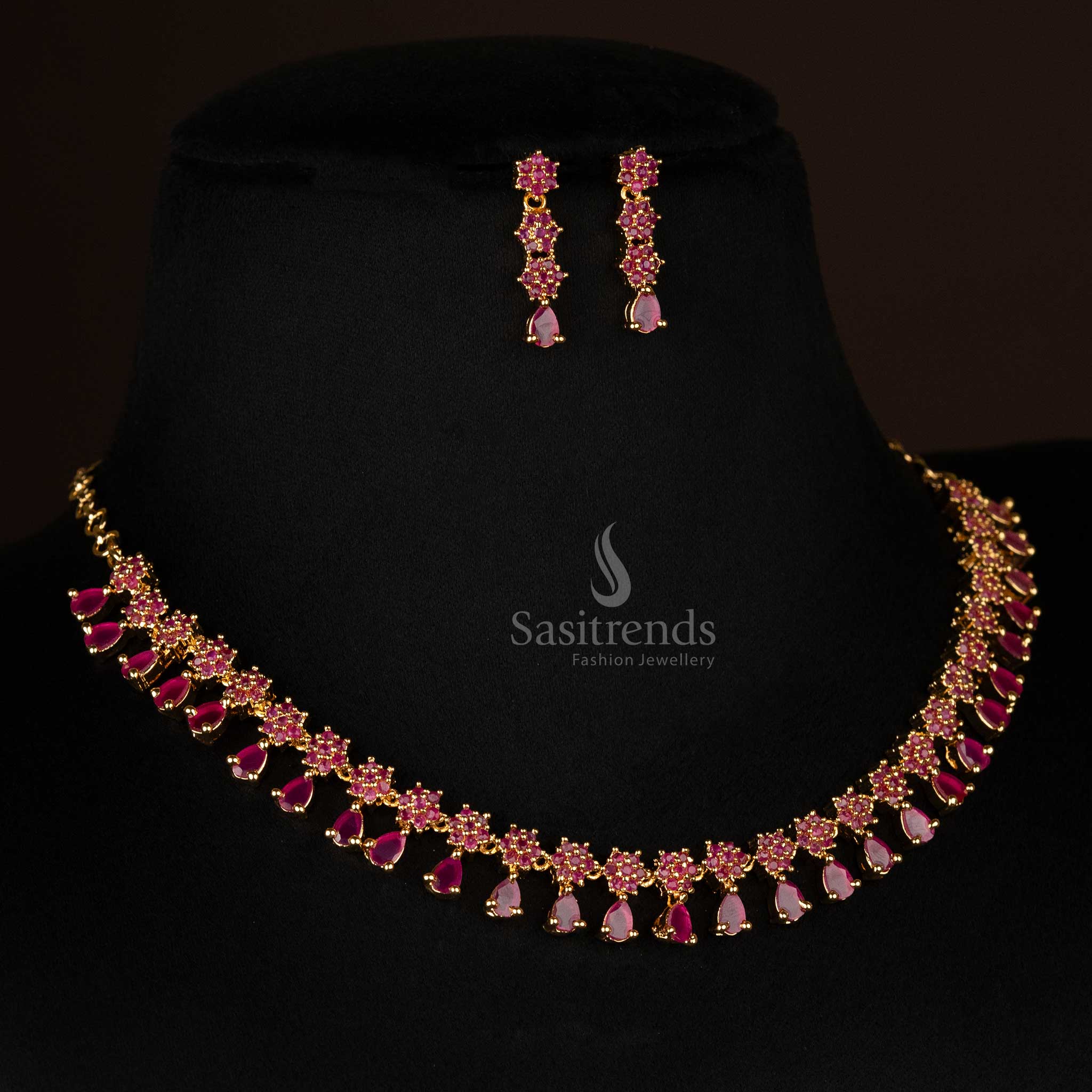Attarctive Necklace floral motif Necklace Jewellery Set with American Diamond  Stones - Sasitrends