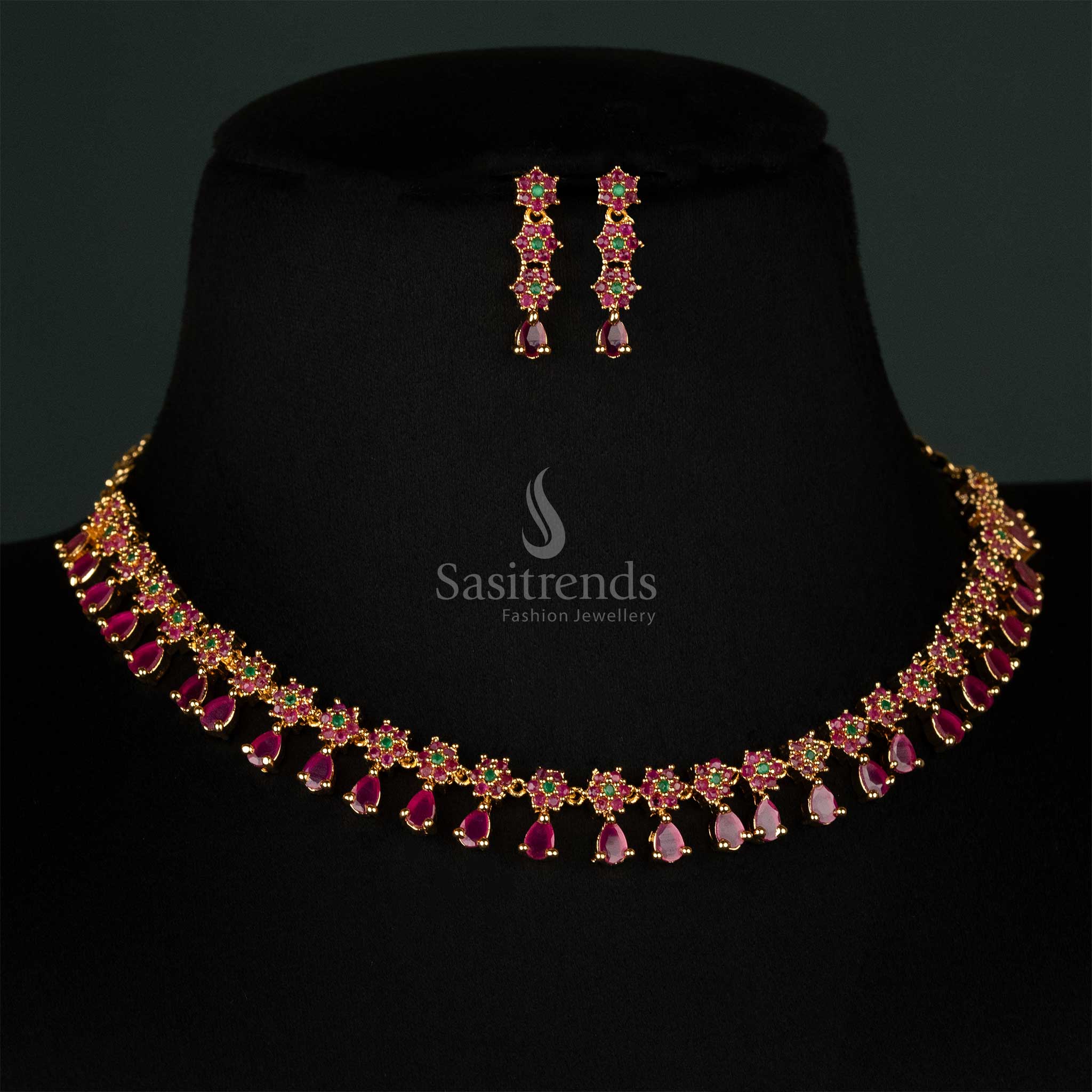 Attarctive Necklace floral motif Necklace Jewellery Set with American Diamond  Stones - Sasitrends - Image 6