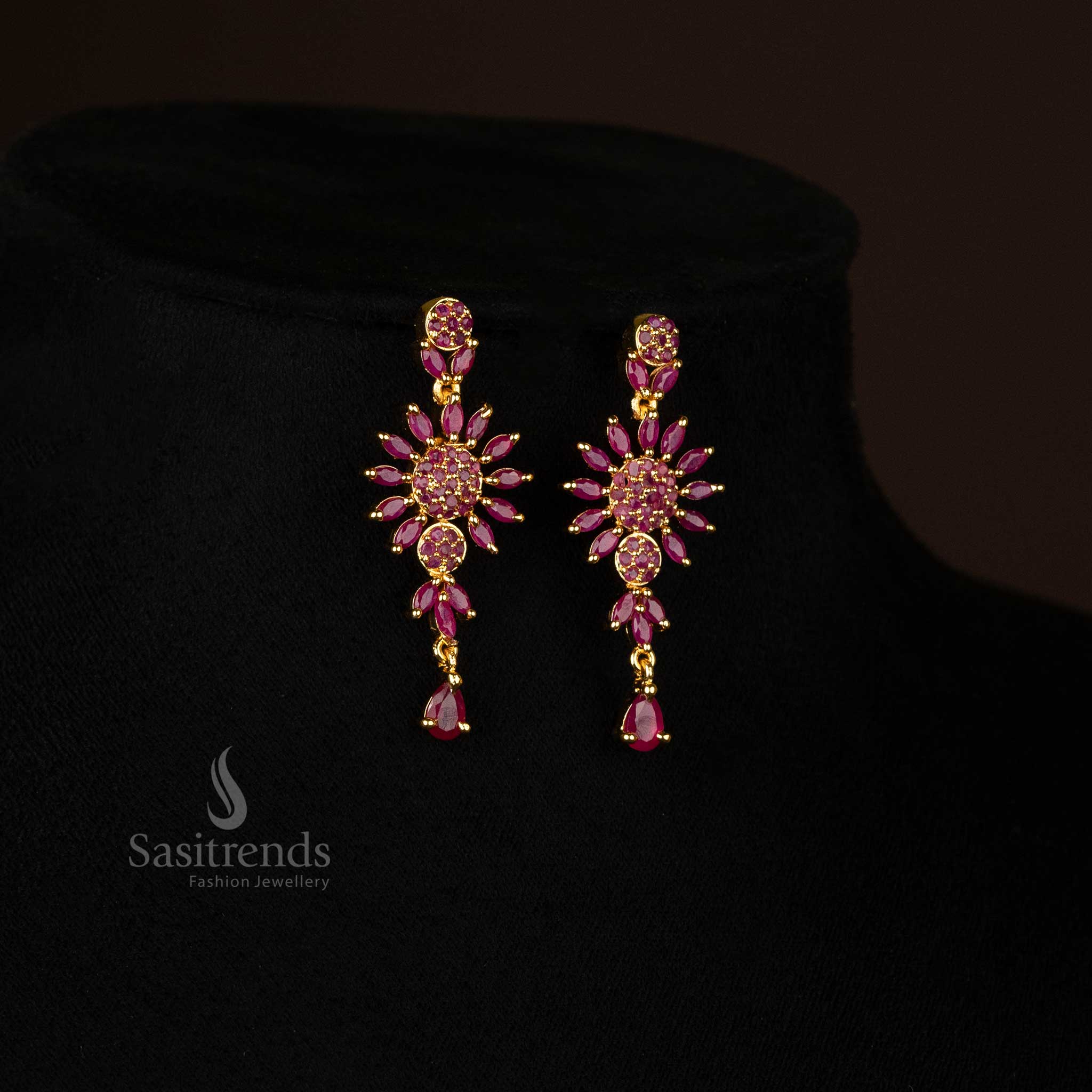 Wonderful American Diamond Micro Gold Plated Ruby Color Stone Studded Necklace Jewellery  Set with Floral Motifs- Sasitrends - Image 5