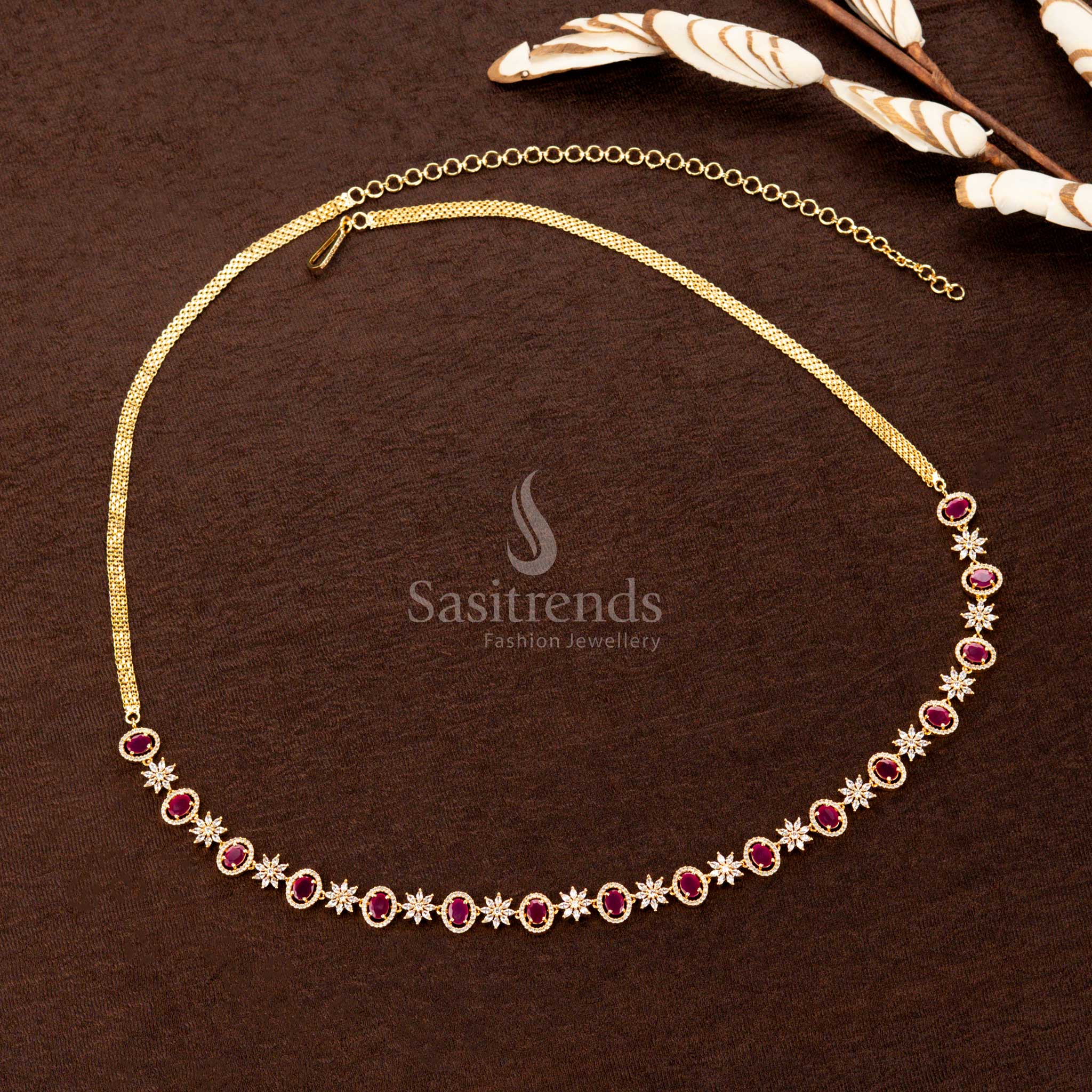 Gorgeous Collection Of American Diamond Gold Plated Single Line Hip Belt –Oval Stone and Floral Design | Adjustable Saree Hip Chain  - Sasitrends - Image 10