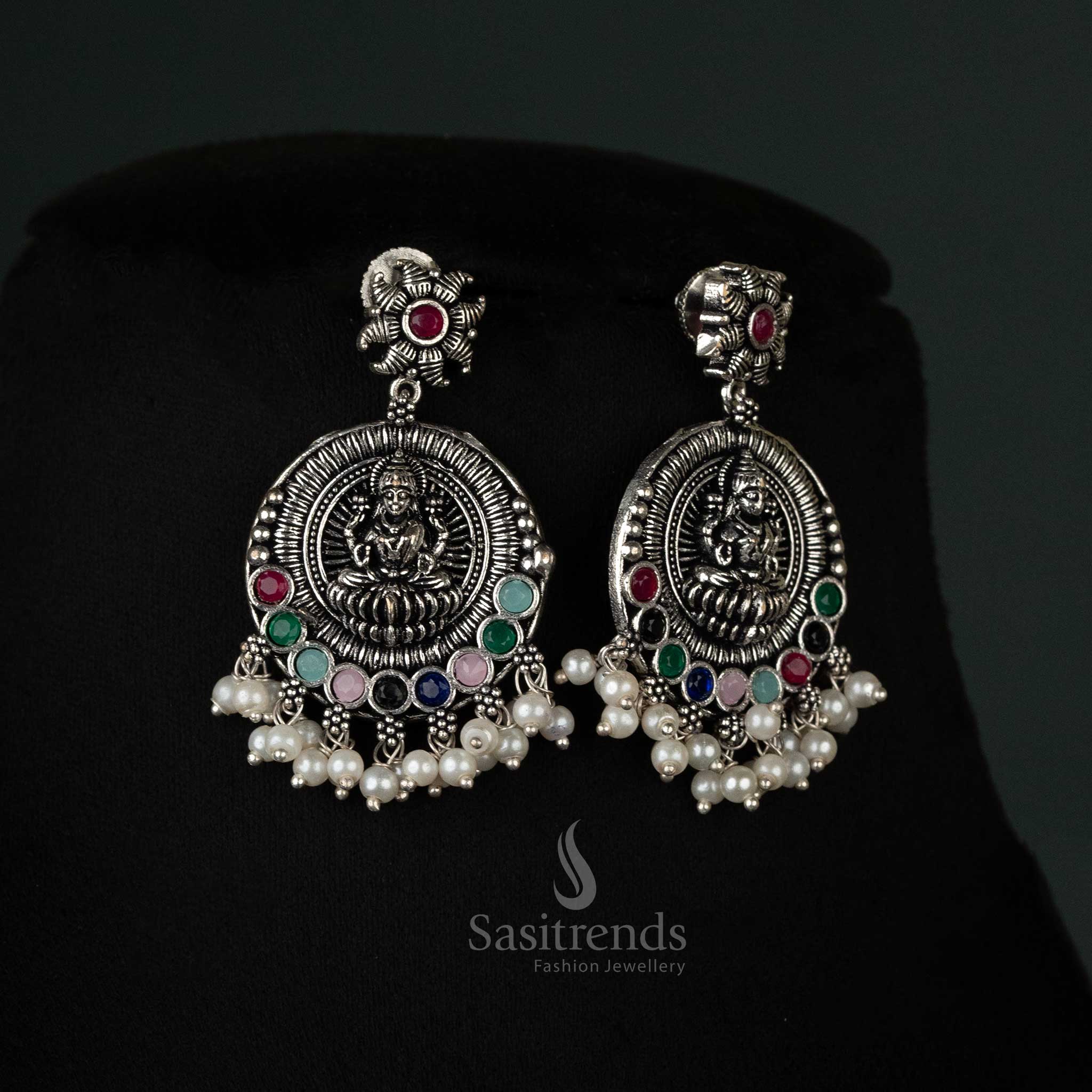 Gorgeous Collection Of Oxidised Peacock & Lakshmi Pendant Necklace Jewellery Set with Pearl Drops For Party Wear - Sasitrends - Image 12