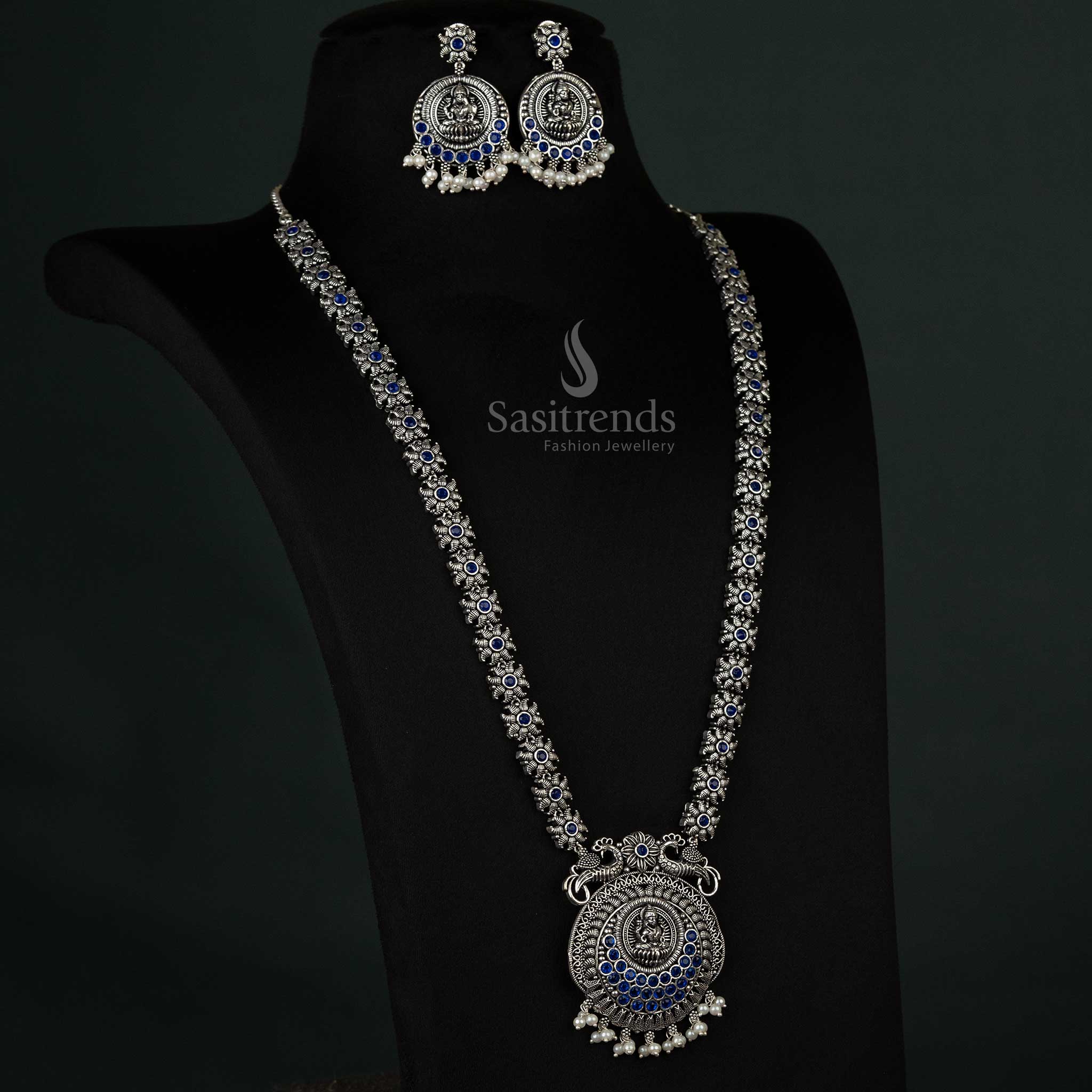 Gorgeous Collection Of Oxidised Peacock & Lakshmi Pendant Necklace Jewellery Set with Pearl Drops For Party Wear - Sasitrends - Image 8