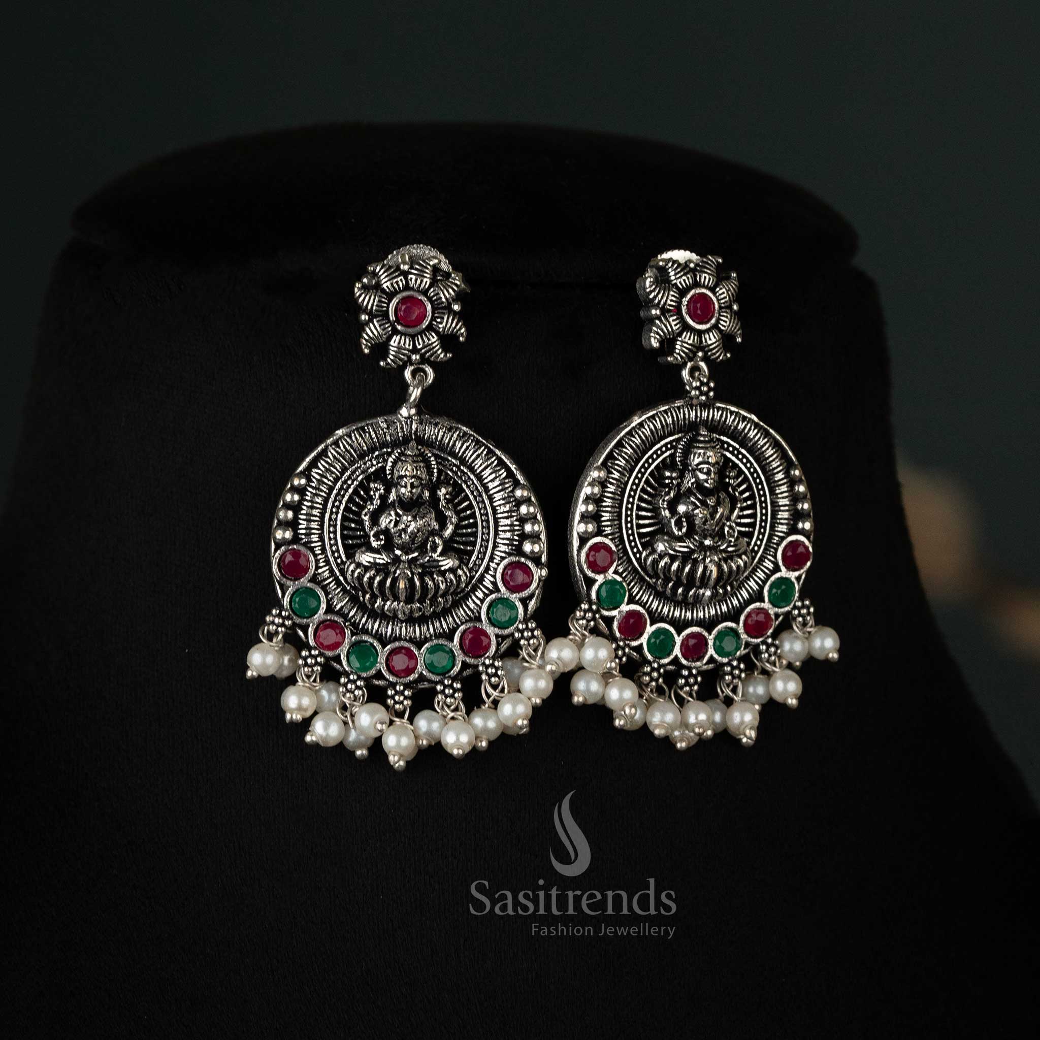 Gorgeous Collection Of Oxidised Peacock & Lakshmi Pendant Necklace Jewellery Set with Pearl Drops For Party Wear - Sasitrends - Image 9