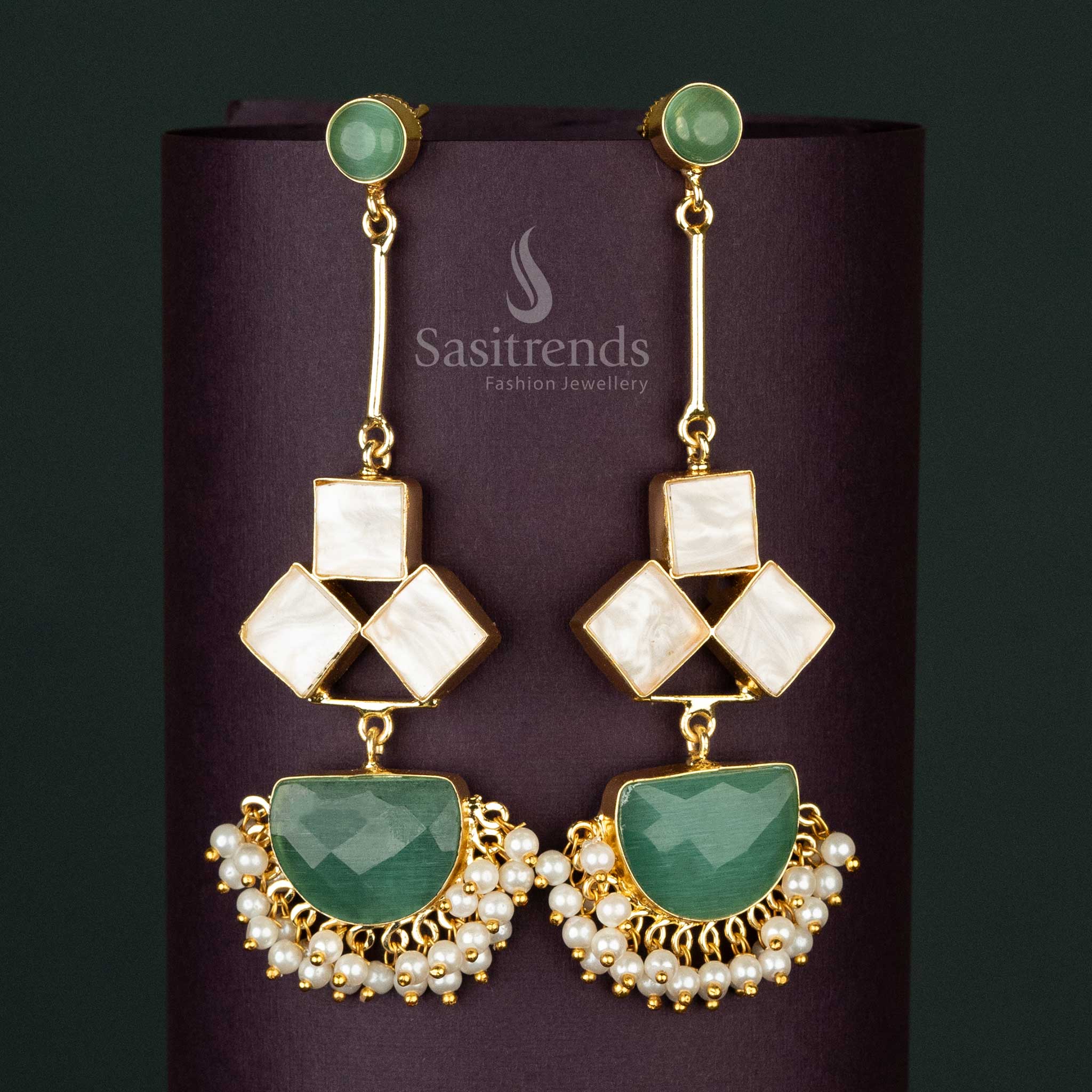 Gorgeous Party Wear Liana Gold Plated Dangle Earrings with Mother of Pearls and Pearl Drops For Festivals - Sasitrends - Image 2