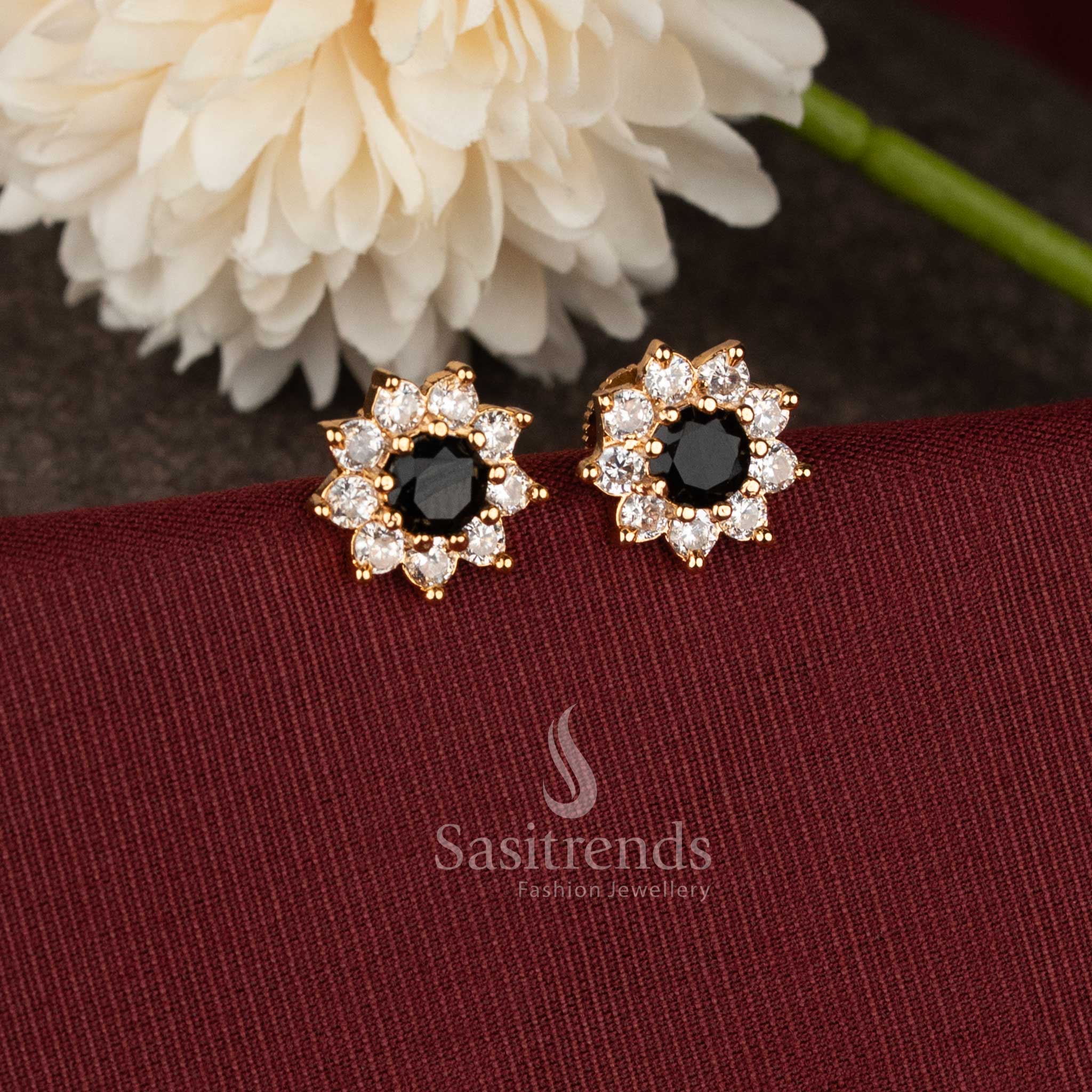 Charming Gold-Plated American Diamond Flower Stud Earrings with Central Stone For Special Parties - Sasitrends - Image 3