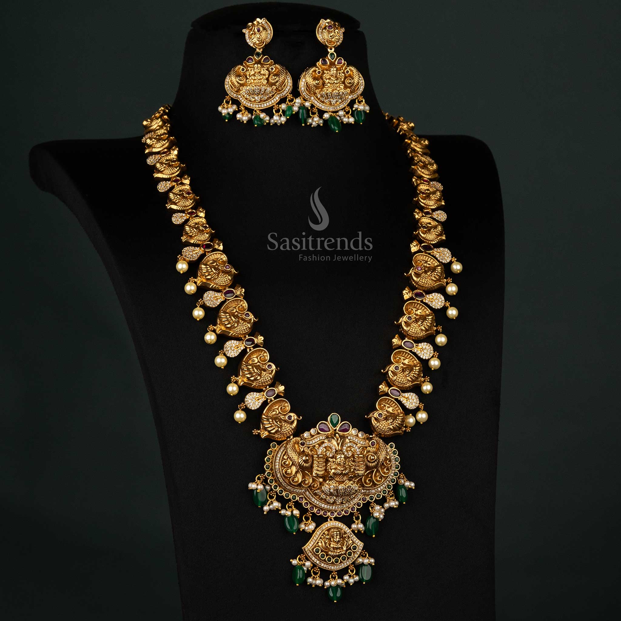 Gorgeous Grand Temple Matte Gold-Plated Necklace Jewellery Set with Peacock Motifs, Green Beads, Pearls & Matching Jhumkas - Sasitrends