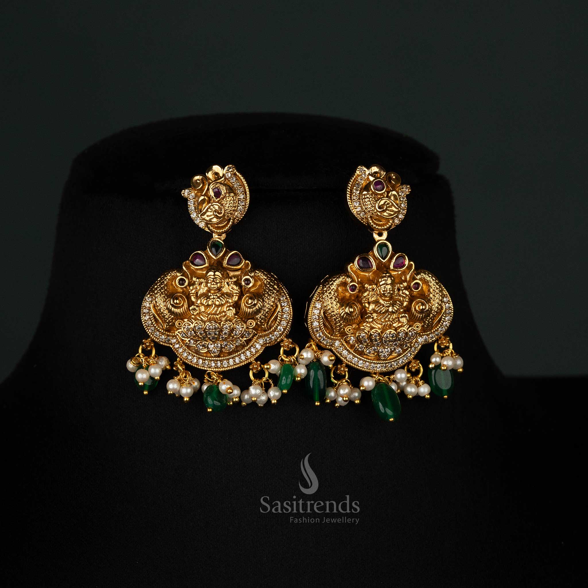 Gorgeous Grand Temple Matte Gold-Plated Necklace Jewellery Set with Peacock Motifs, Green Beads, Pearls & Matching Jhumkas - Sasitrends - Image 3