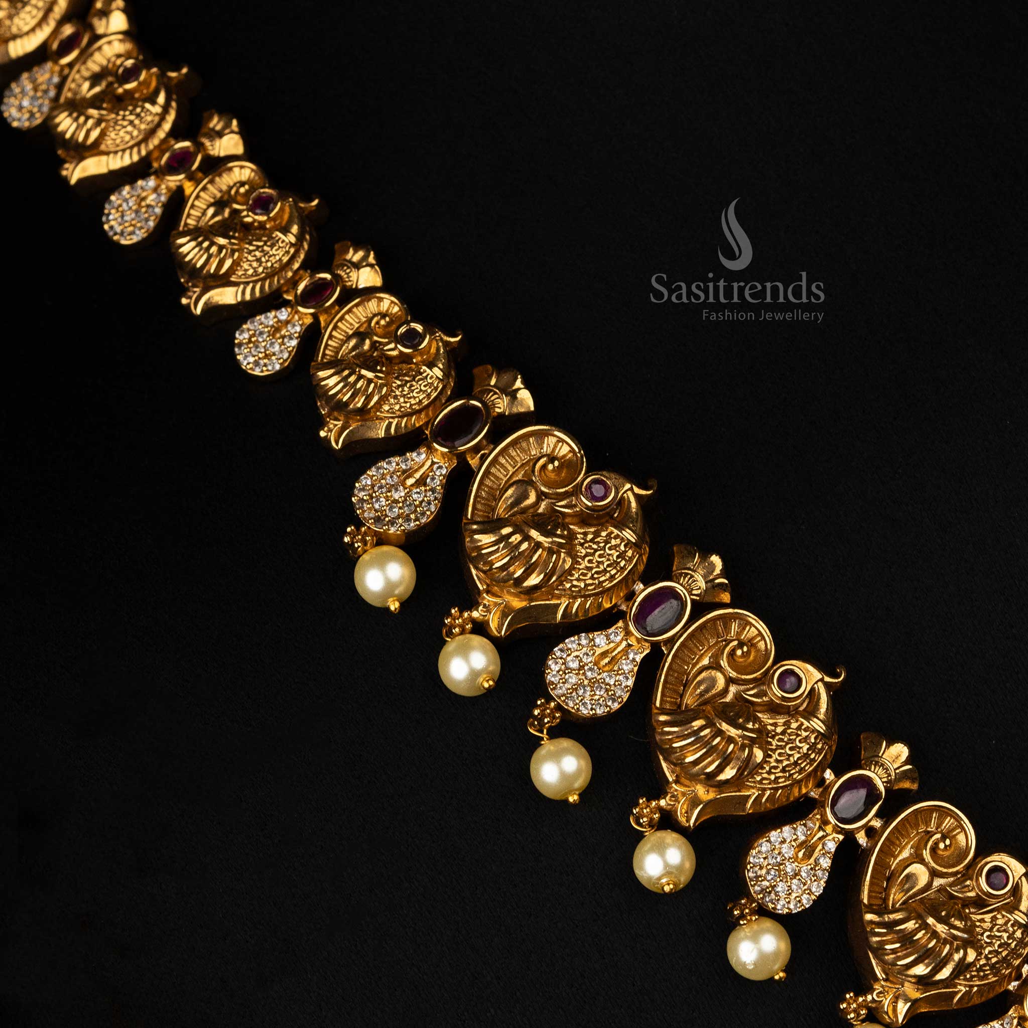 Gorgeous Grand Temple Matte Gold-Plated Necklace Jewellery Set with Peacock Motifs, Green Beads, Pearls & Matching Jhumkas - Sasitrends - Image 4