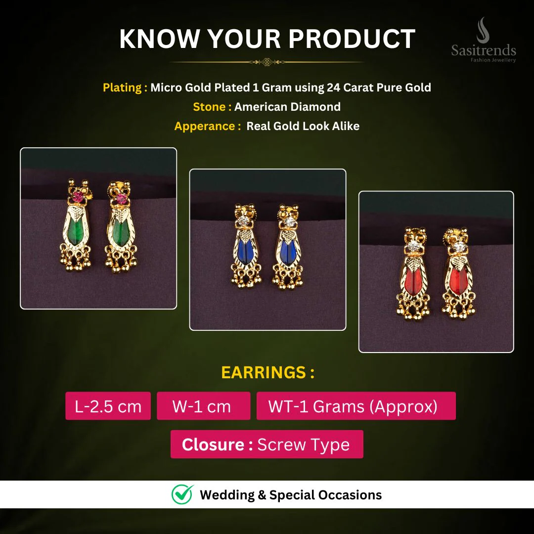 Gorgeous Kerala-Style Palakka Nagapadam Micro Gold-Plated  Earrings with Vibrant Accents and Golden Beads - Sasitrends - Image 2