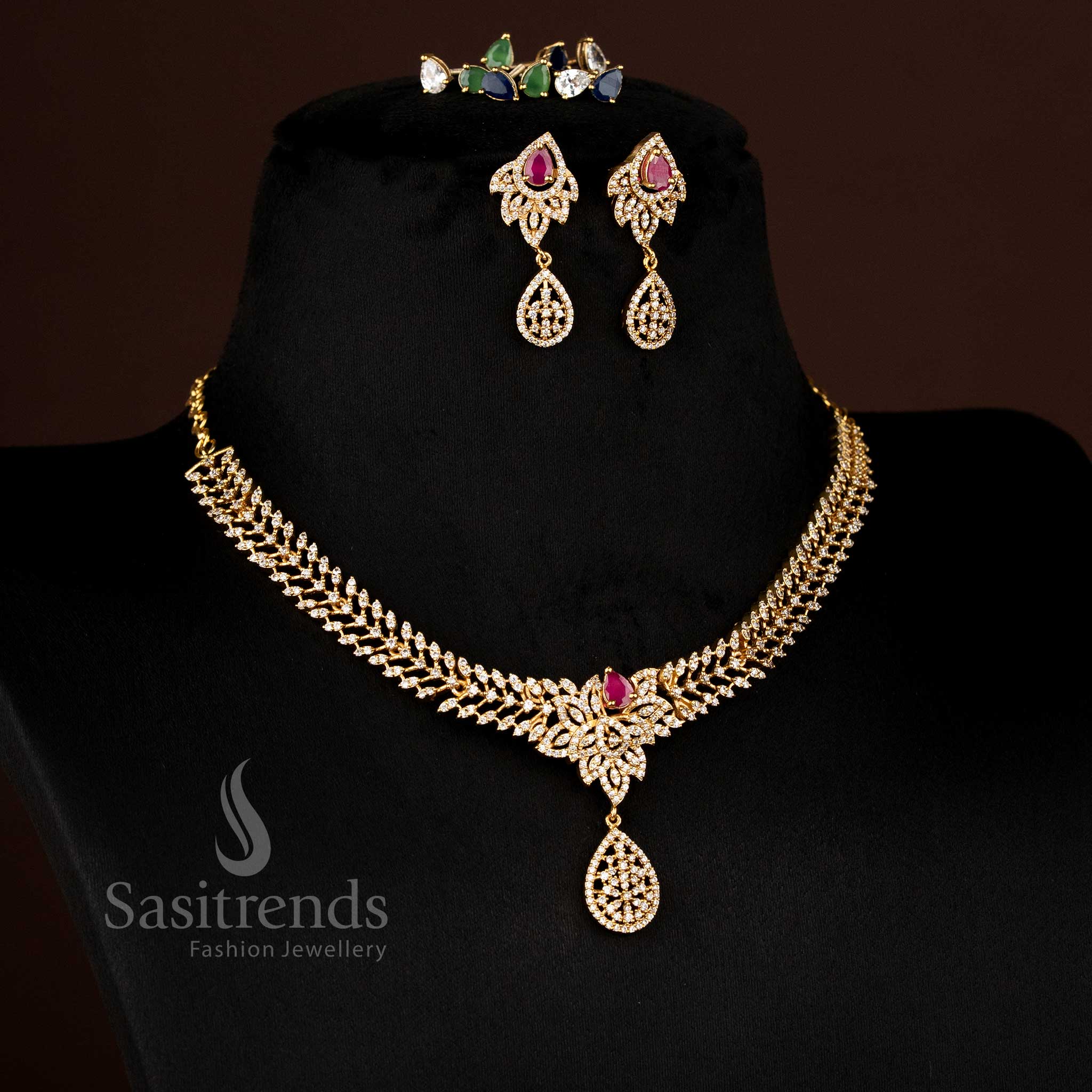 Wonderful American Diamond Matte Gold Plated Necklace Jewellery Set with Emerald-Cut Changeable Stones & Halo Pave Setting - Sasitrends - Image 16