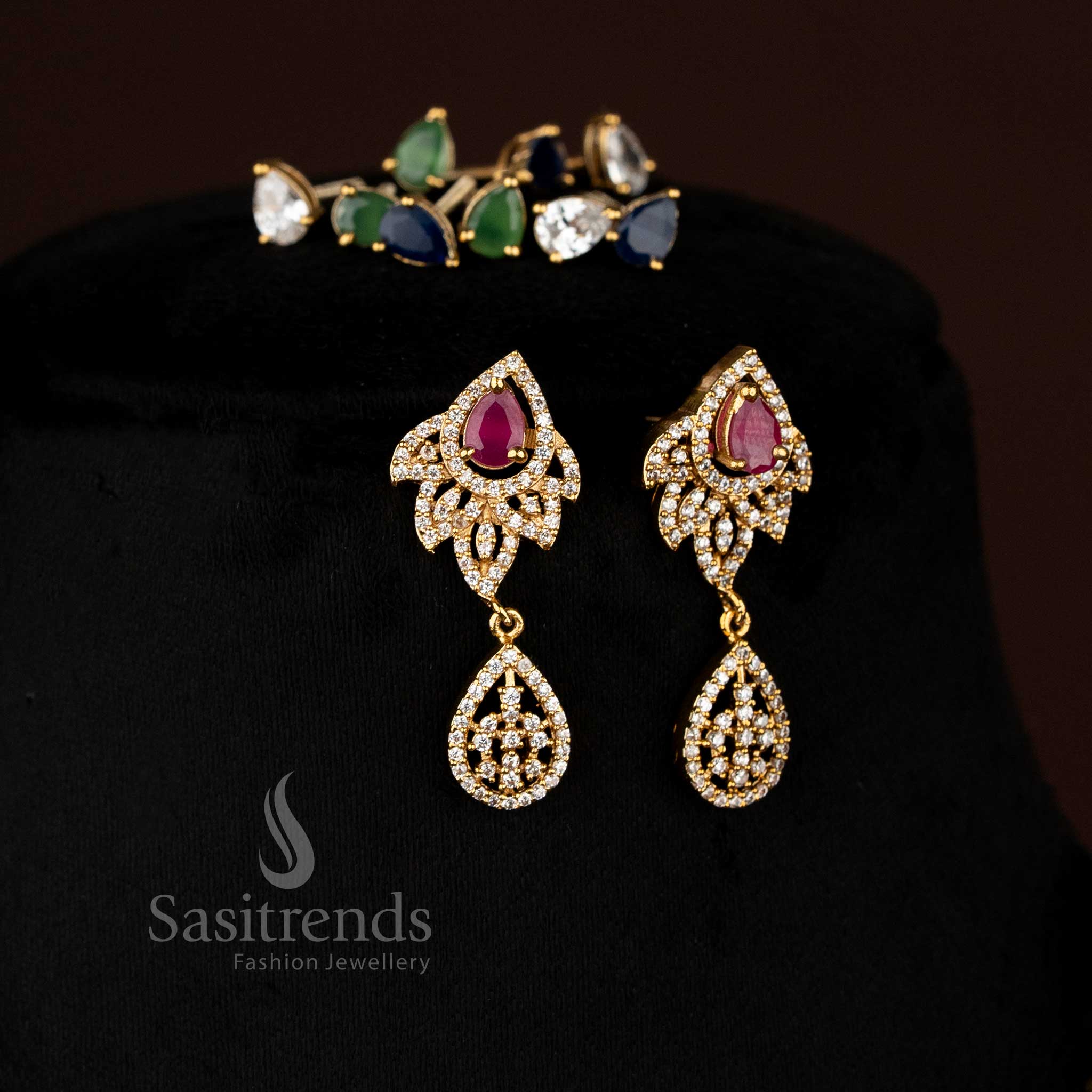 Wonderful American Diamond Matte Gold Plated Necklace Jewellery Set with Emerald-Cut Changeable Stones & Halo Pave Setting - Sasitrends - Image 17
