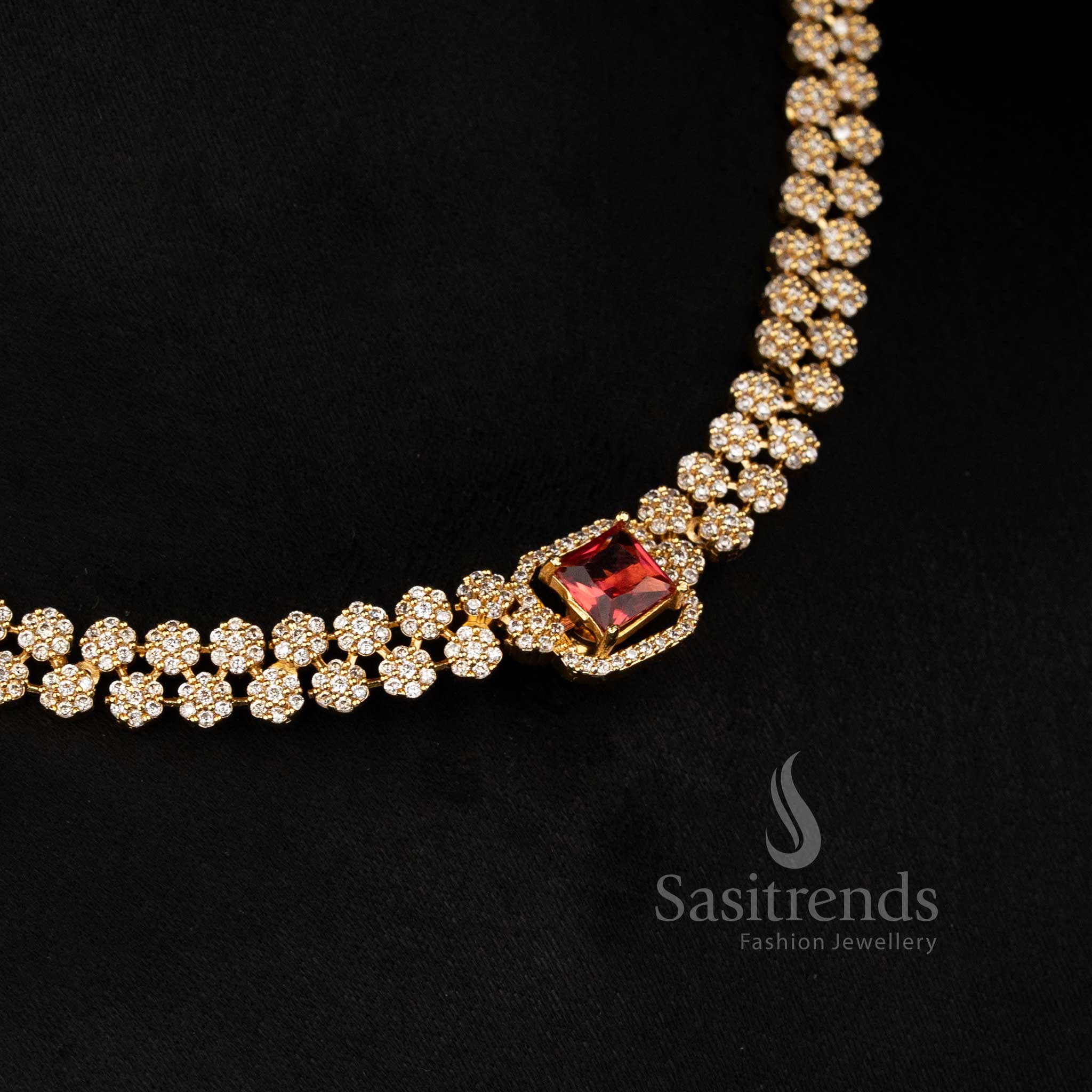 Wonderful American Diamond Matte Gold Plated Necklace Jewellery Set with Emerald-Cut Changeable Stones & Halo Pave Setting - Sasitrends - Image 19