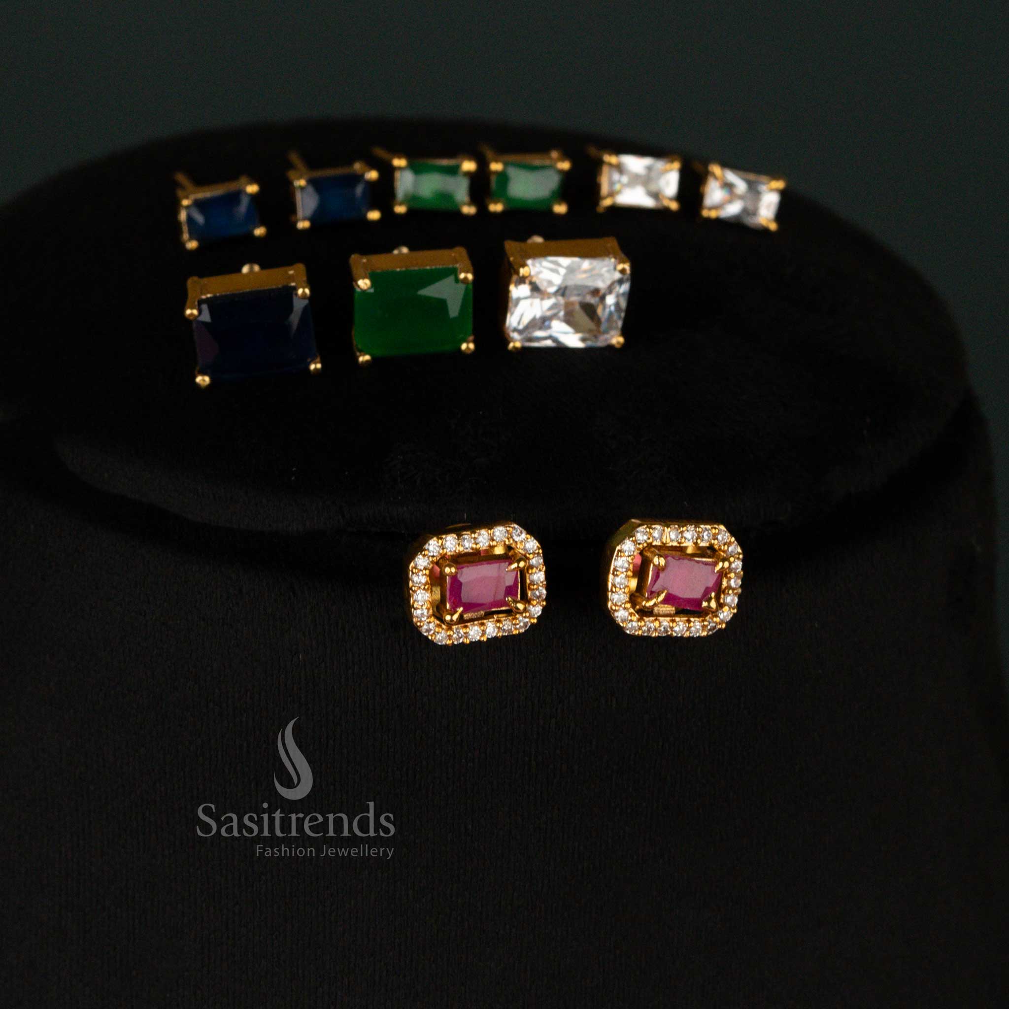 Wonderful American Diamond Matte Gold Plated Necklace Jewellery Set with Emerald-Cut Changeable Stones & Halo Pave Setting - Sasitrends - Image 4
