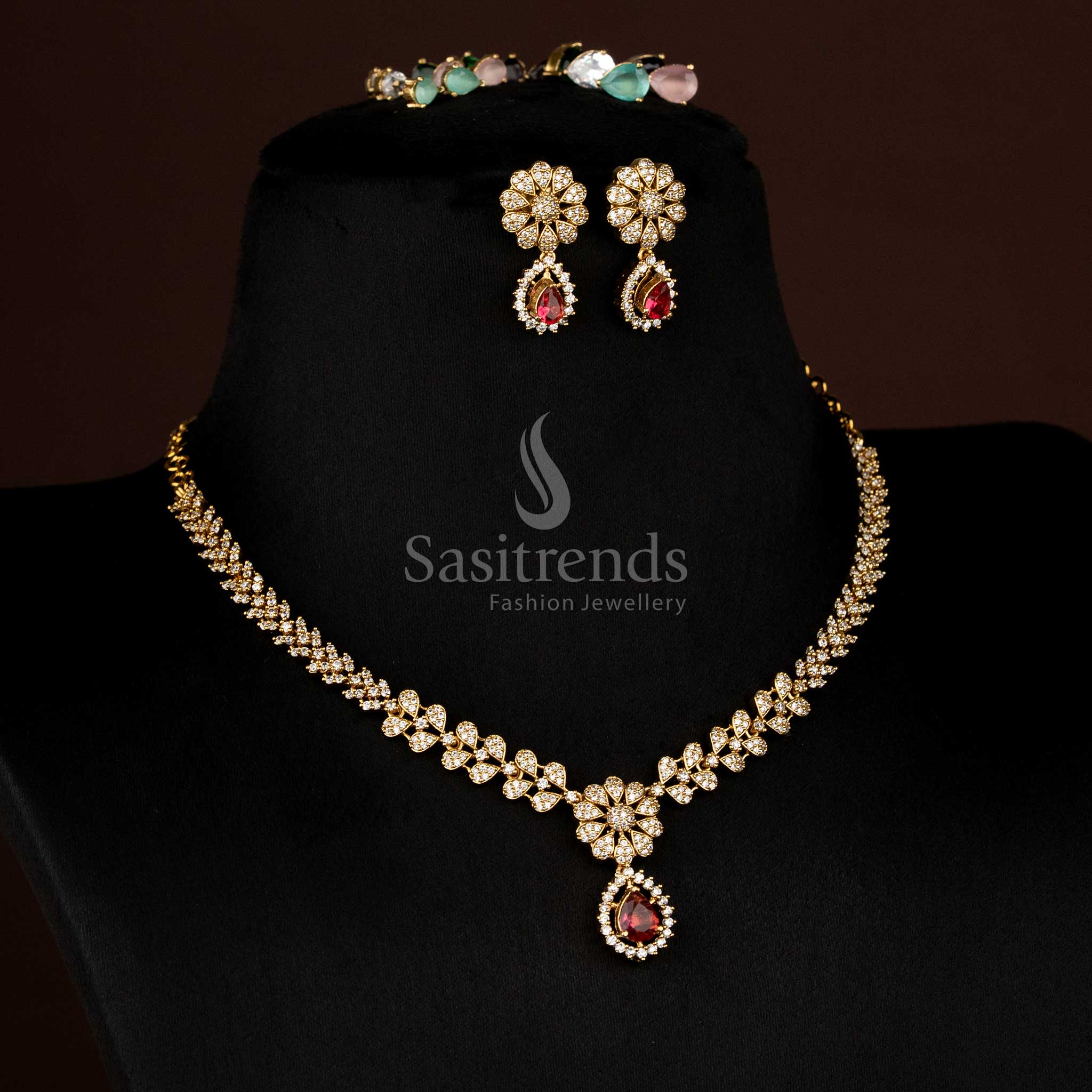 Wonderful American Diamond Matte Gold Plated Necklace Jewellery Set with Emerald-Cut Changeable Stones & Halo Pave Setting - Sasitrends - Image 5