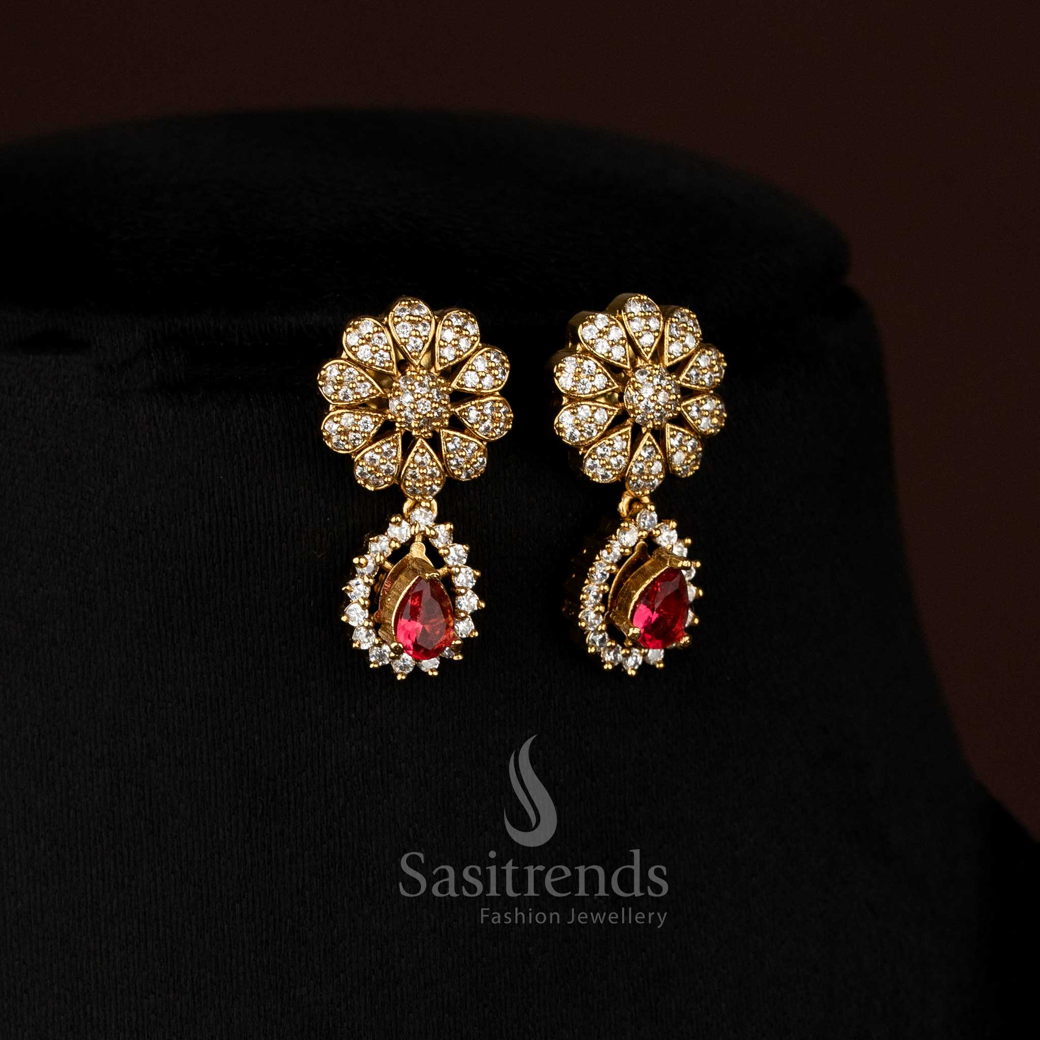 Wonderful American Diamond Matte Gold Plated Necklace Jewellery Set with Emerald-Cut Changeable Stones & Halo Pave Setting - Sasitrends - Image 6