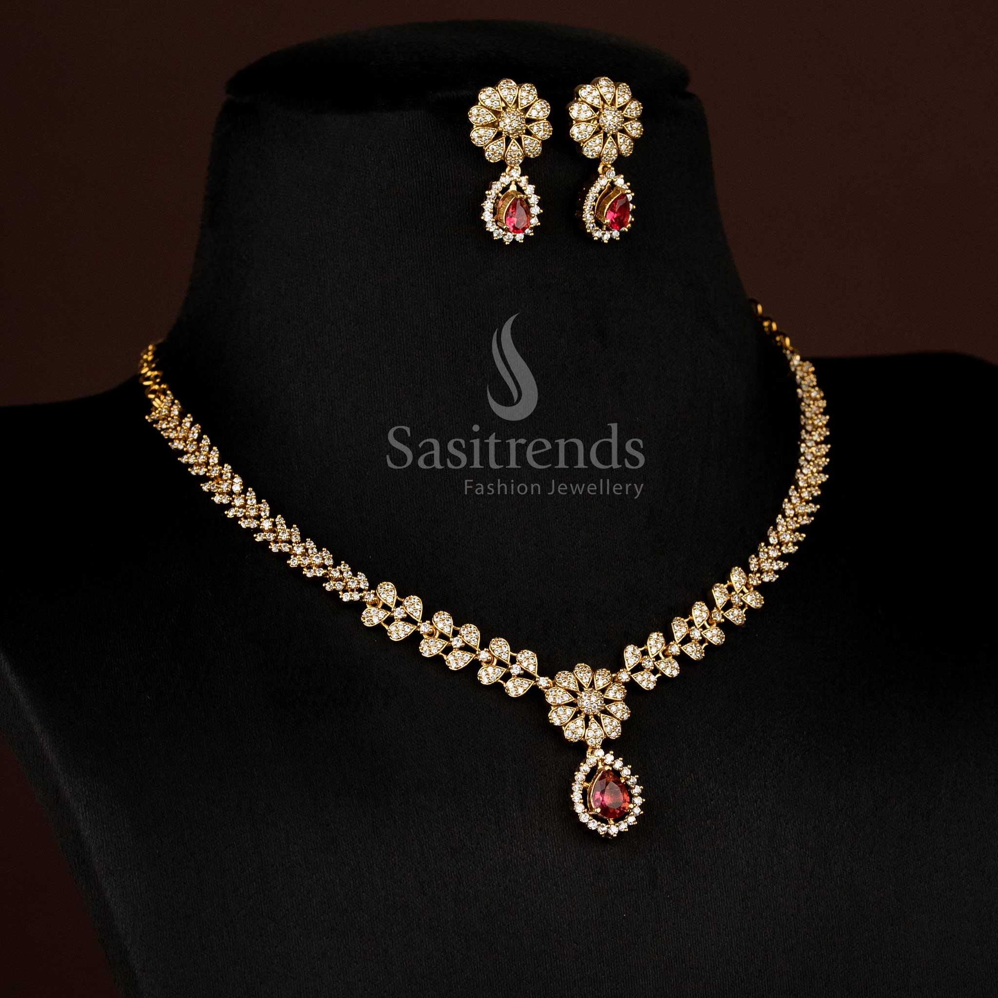 Wonderful American Diamond Matte Gold Plated Necklace Jewellery Set with Emerald-Cut Changeable Stones & Halo Pave Setting - Sasitrends - Image 7