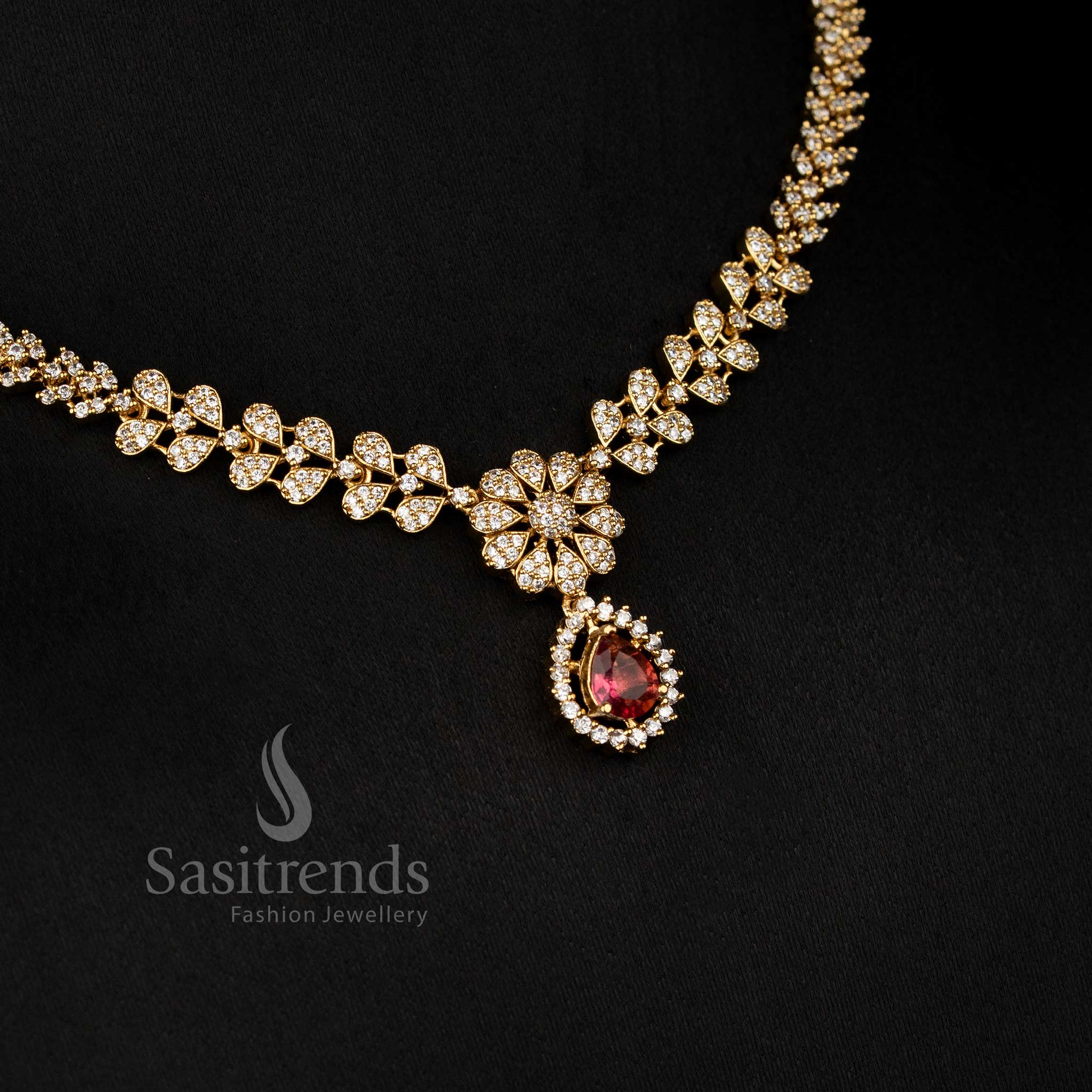 Wonderful American Diamond Matte Gold Plated Necklace Jewellery Set with Emerald-Cut Changeable Stones & Halo Pave Setting - Sasitrends - Image 8
