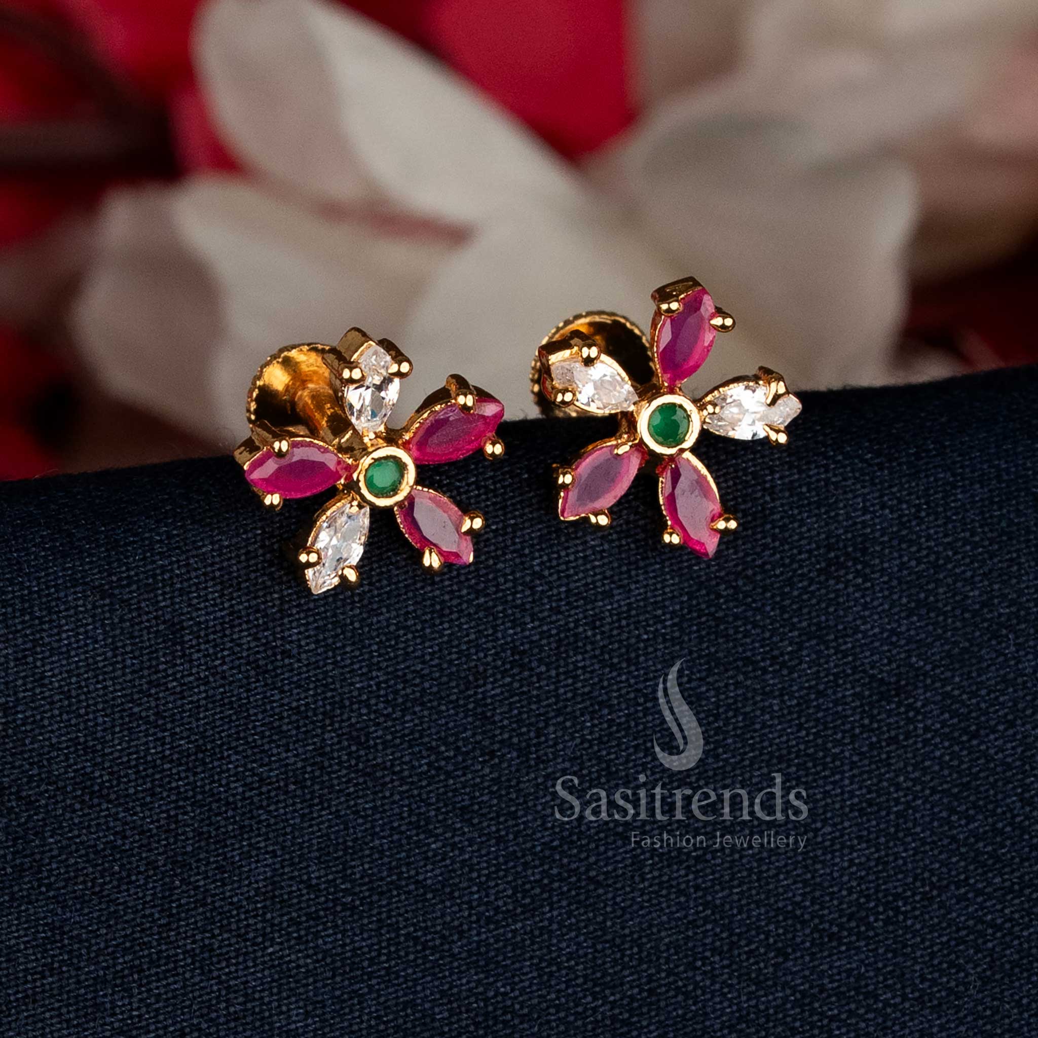 Wonderful One Gram Micro Gold Plated AD Stone Floral Stud Earrings – Guaranteed - Image 3