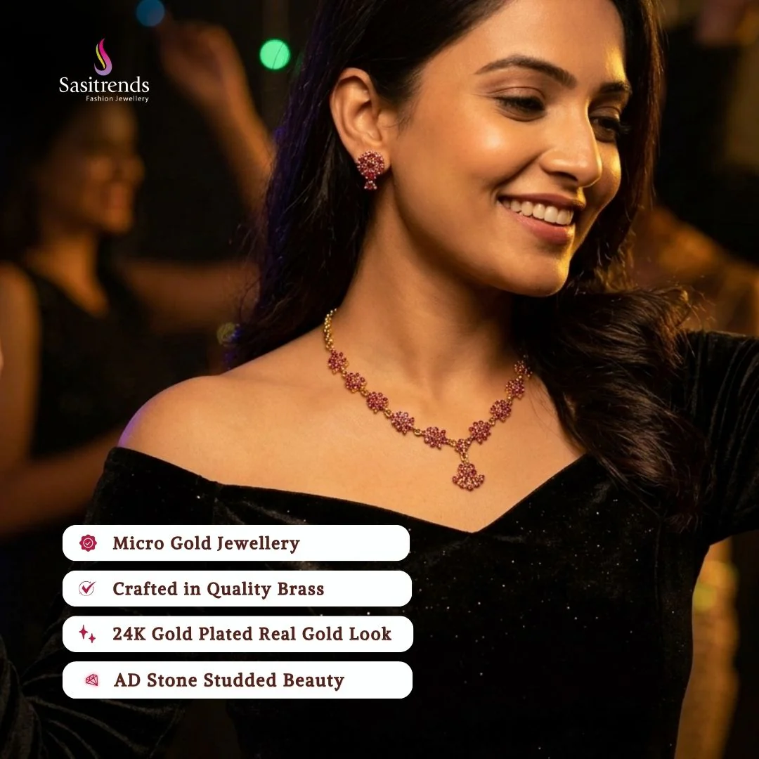 Vibrant Stone Studded Micro Gold Plated Floral Cluster American Diamond Necklace Jewellery Set For Special Wear - Sasitrends - Image 2