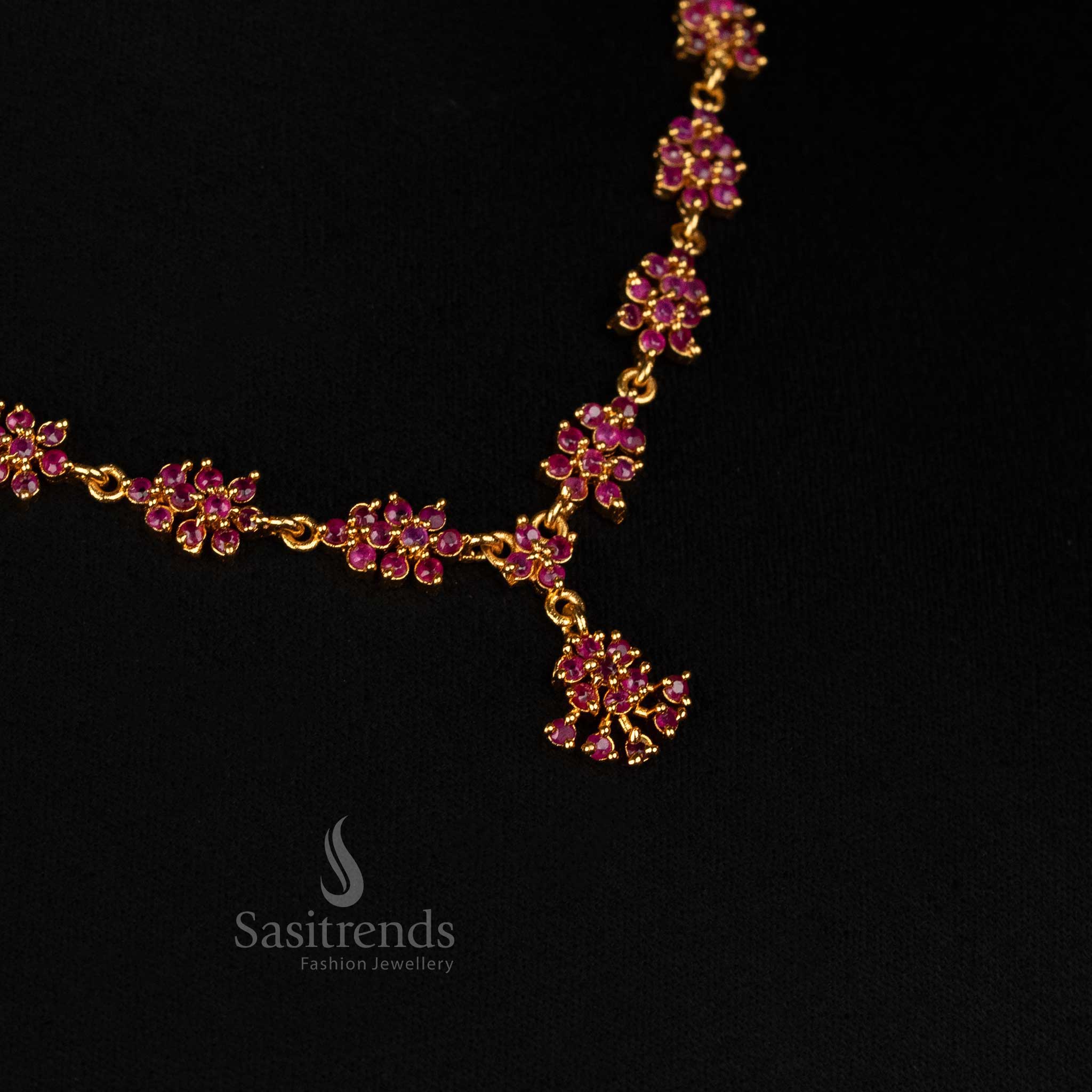 Vibrant Stone Studded Micro Gold Plated Floral Cluster American Diamond Necklace Jewellery Set For Special Wear - Sasitrends - Image 4