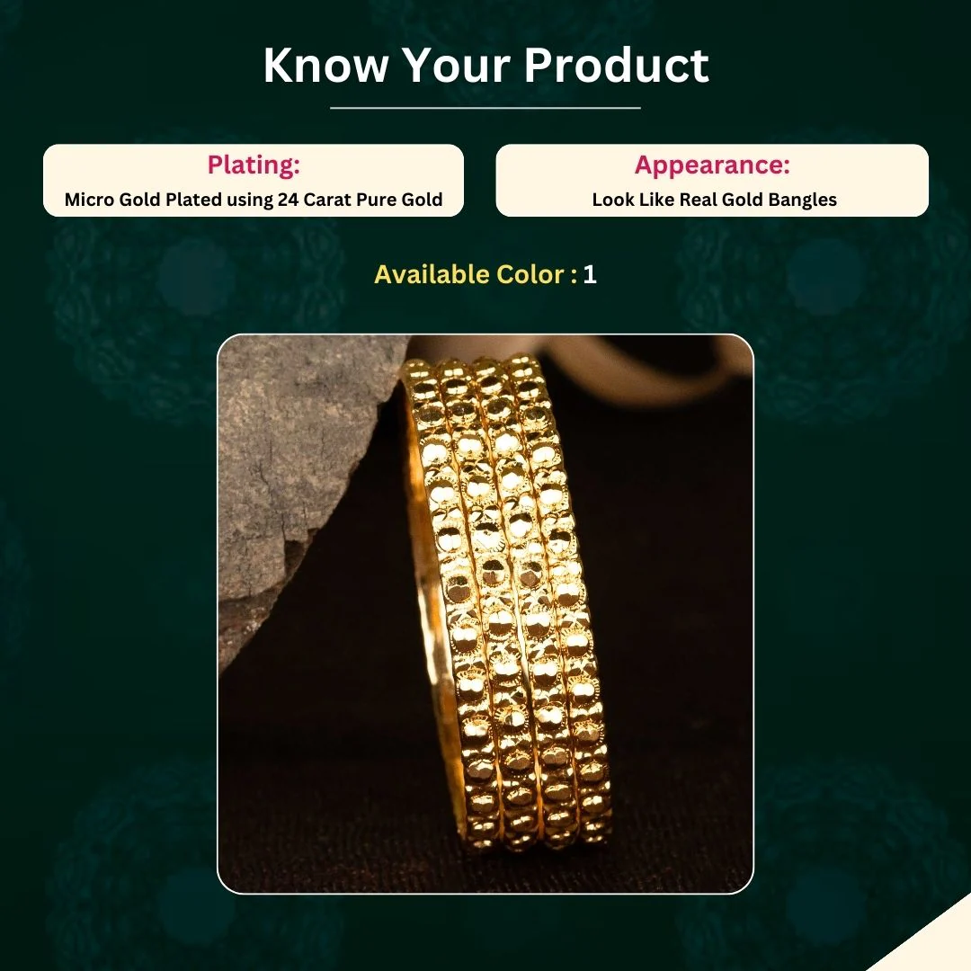 Charming Guaranteed One Gram Micro Gold-Plated Set of 4 Thick Bangles with Textured Bead Detailing - 24 Carat Gold Look - Sasitrends - Image 3