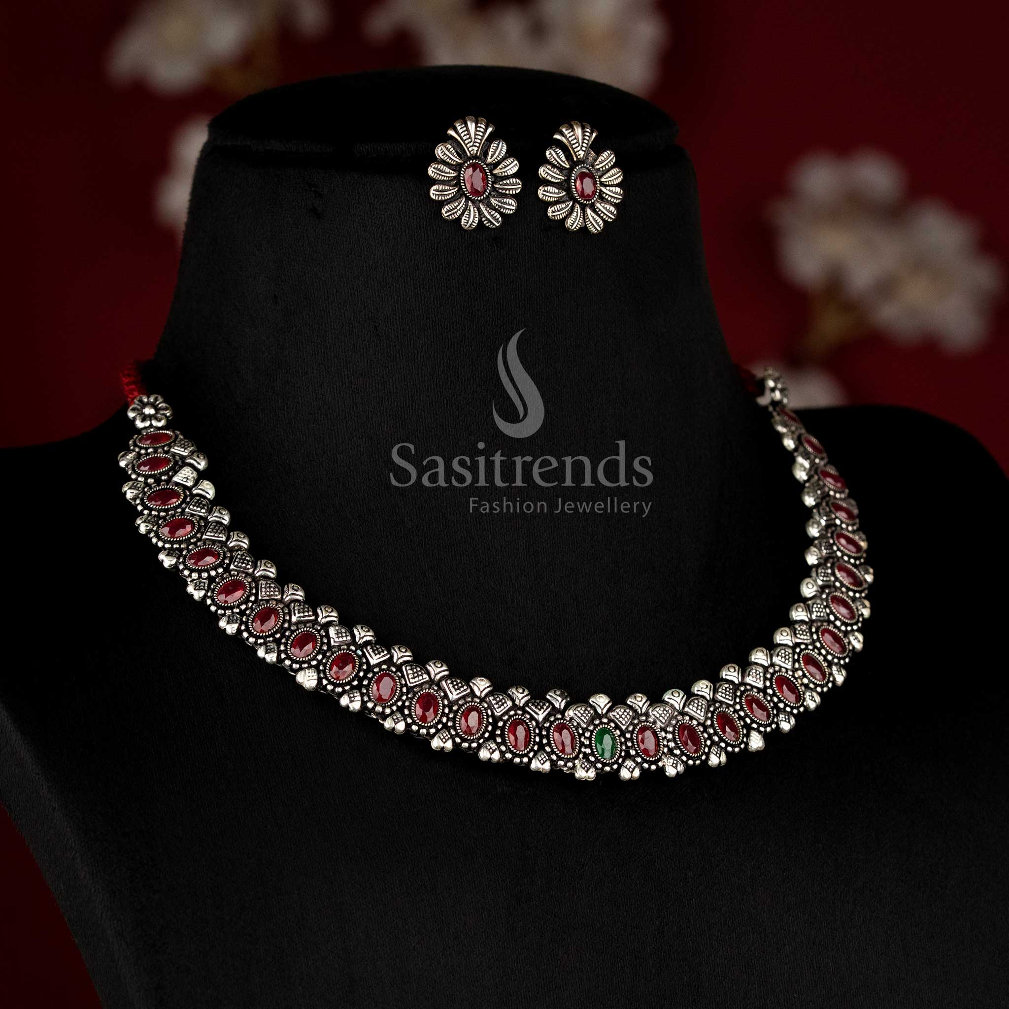 Wonderful Oxidised Oval Stone Necklace Jewellery Set with Thread Closure & Matching Earrings For Party Wear - Sasitrends - Image 3