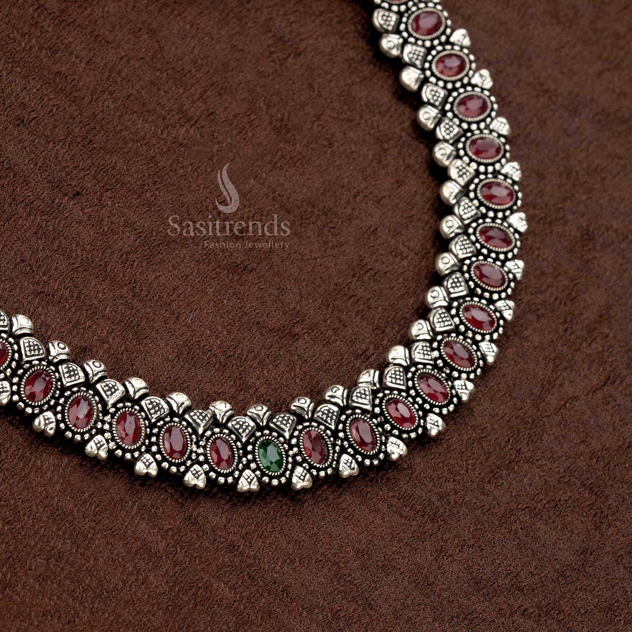 Wonderful Oxidised Oval Stone Necklace Jewellery Set with Thread Closure & Matching Earrings For Party Wear - Sasitrends - Image 6