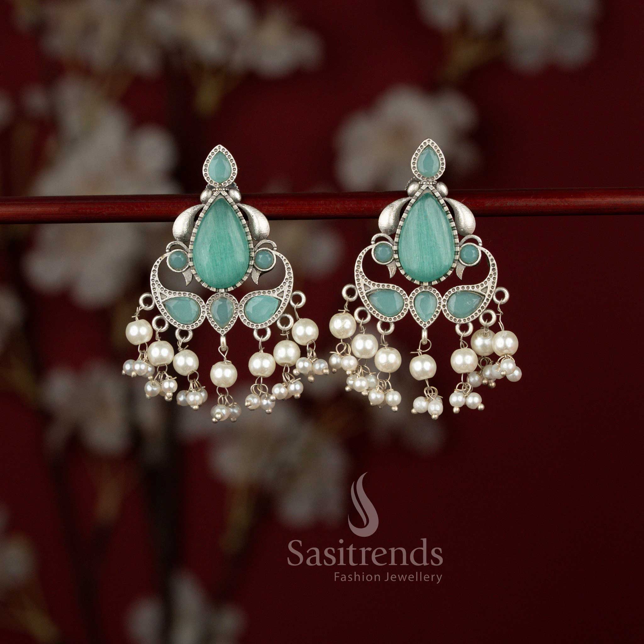 Peacock Eleganza Oxidised Silver Teardrop Stone & Pearl Earrings for Navaratri, Sarees & Ethnic Celebrations - Image 3