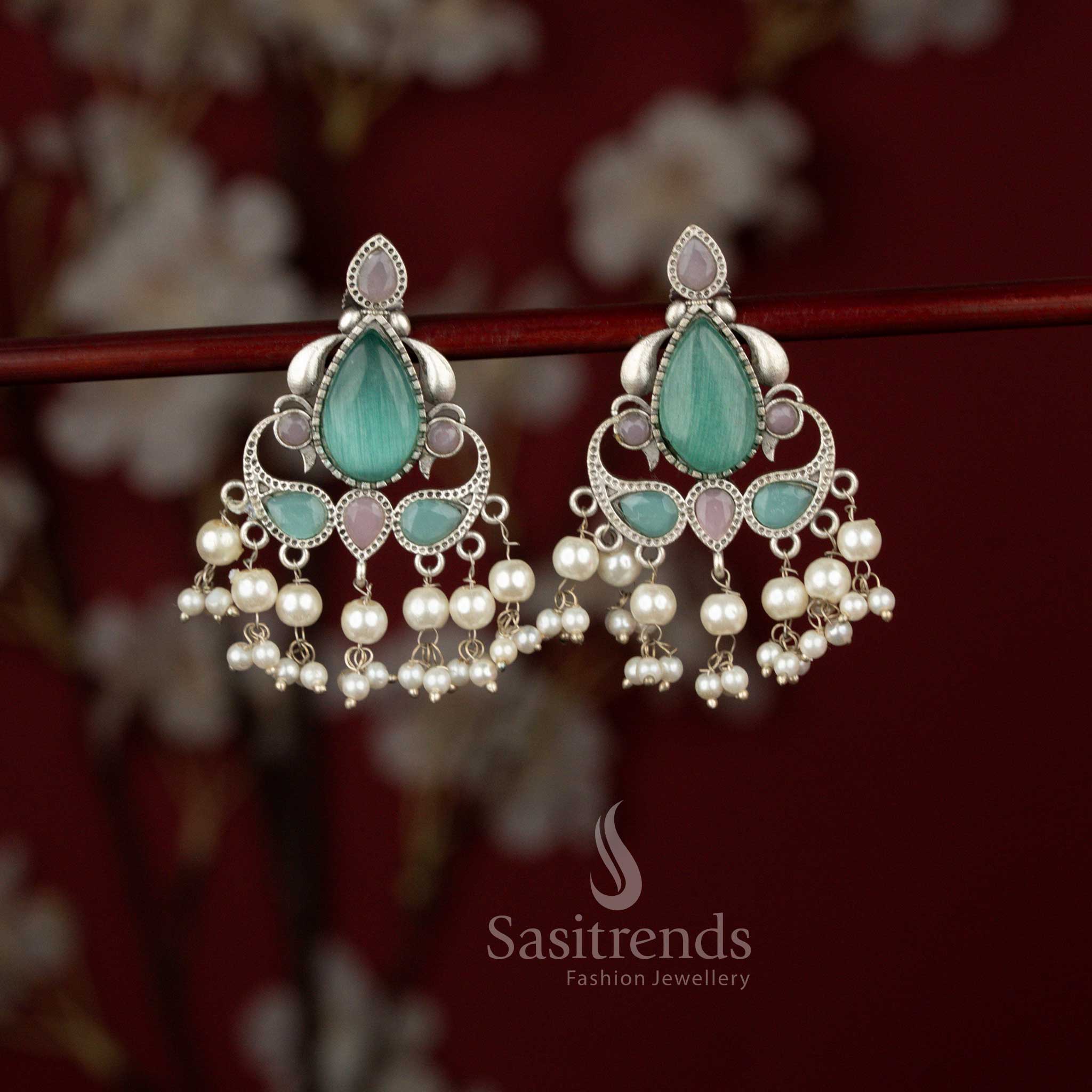 Peacock Eleganza Oxidised Silver Teardrop Stone & Pearl Earrings for Navaratri, Sarees & Ethnic Celebrations - Image 4