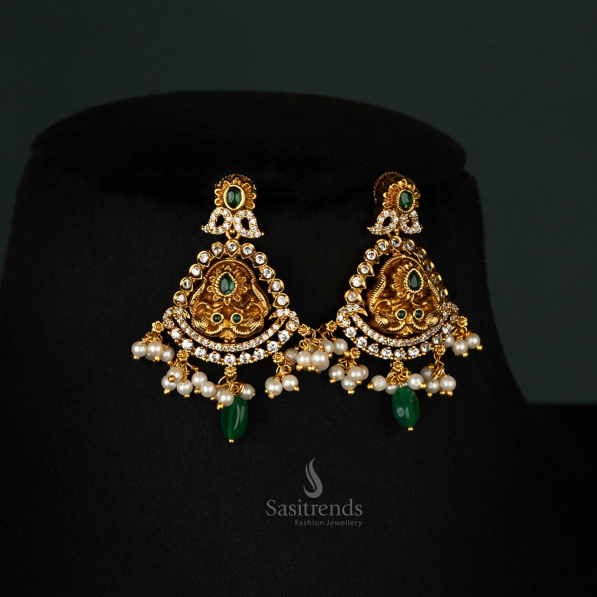 Gorgeous Premium Temple Matte Gold-Plated Central Intricate peacock  Necklace Jewellery Set Adorned With Cascading Pearls And Green Beads - Sasitrends - Image 5